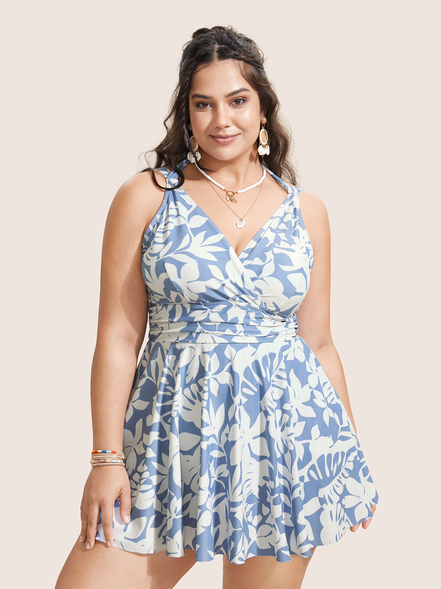 

Plus Size Overlap Collar Silhouette Floral Print Swim Dress Women's Swimwear LightBlue Beach Bodycon Overlap Collar High stretch Curve Swim Dresses BloomChic