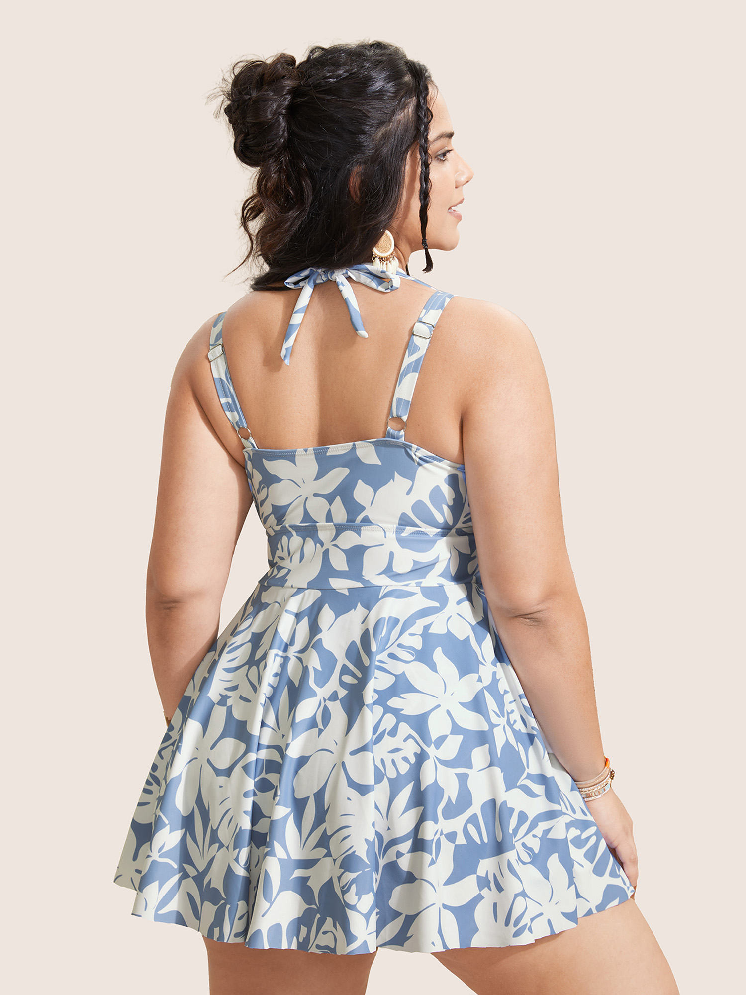 

Plus Size Overlap Collar Silhouette Floral Print Swim Dress Women's Swimwear LightBlue Beach Bodycon Overlap Collar High stretch Curve Swim Dresses BloomChic