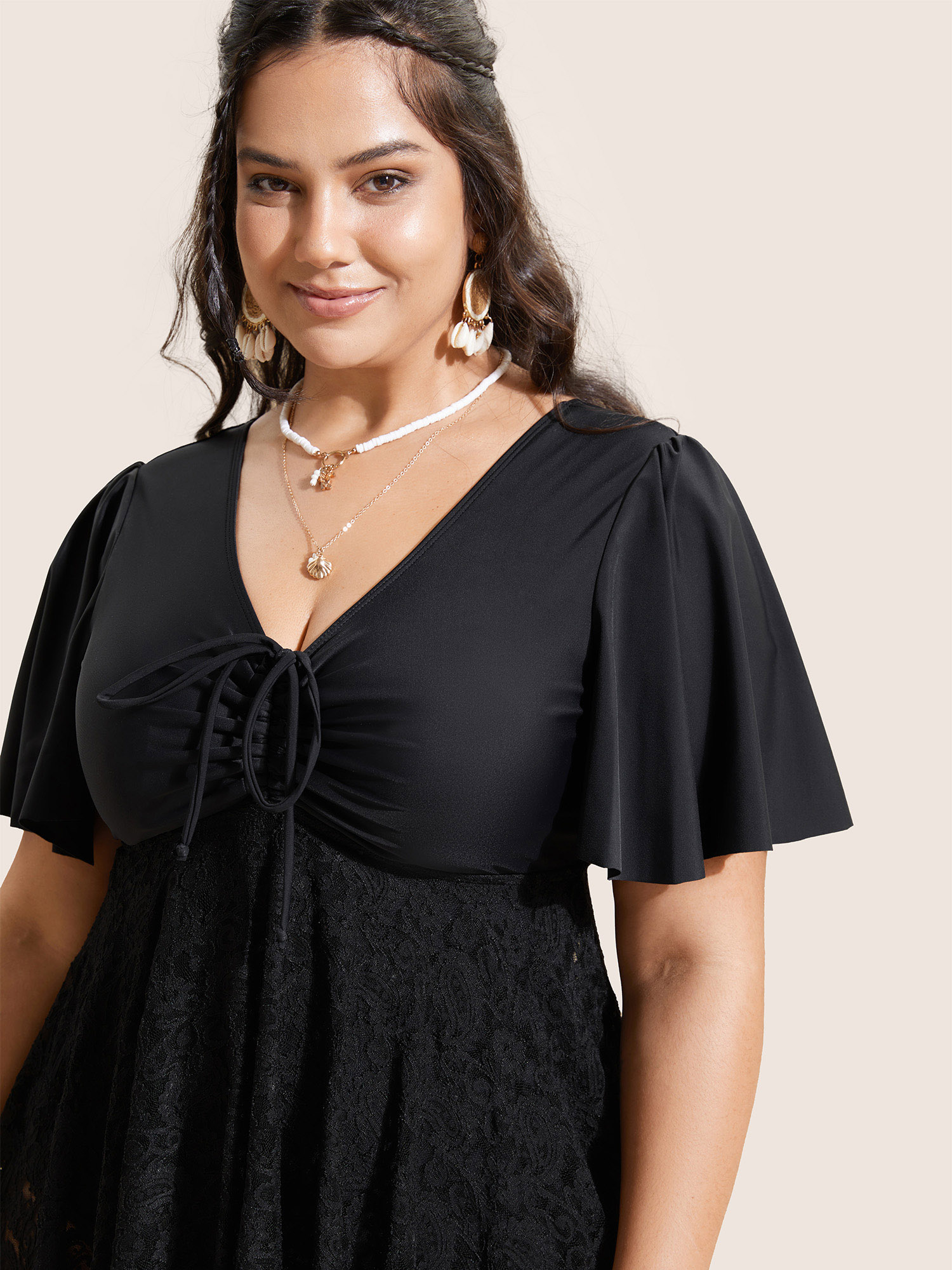 Plus Size Crochet Lace Mesh Drawstring Swim Dress Women`s Swimwear Black Beach Bodycon V-neck High stretch Curve Swim Dresses BloomChic 14-16/1X 