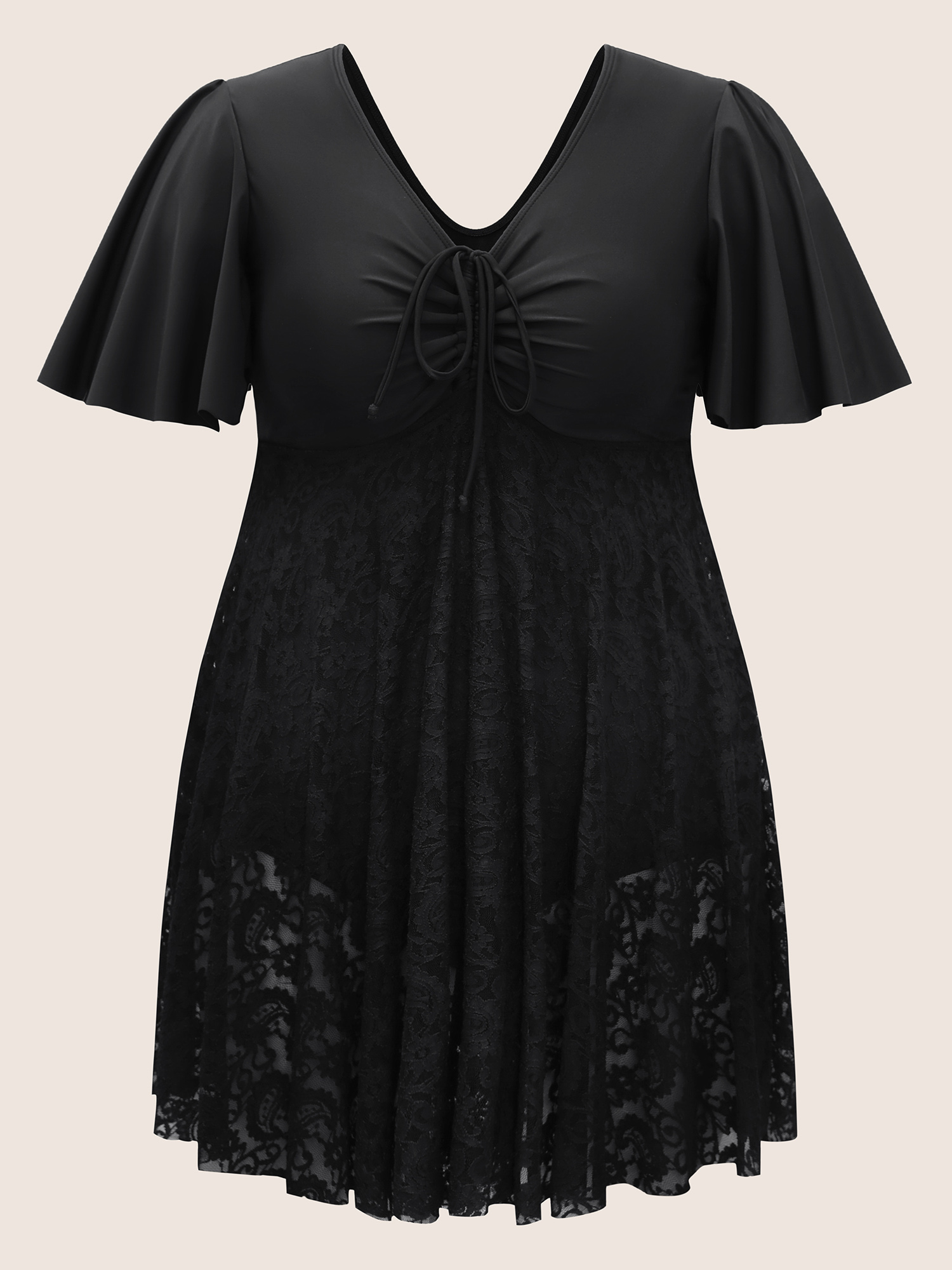 Plus Size Crochet Lace Mesh Drawstring Swim Dress Women`s Swimwear Black Beach Bodycon V-neck High stretch Curve Swim Dresses BloomChic 14-16/1X 