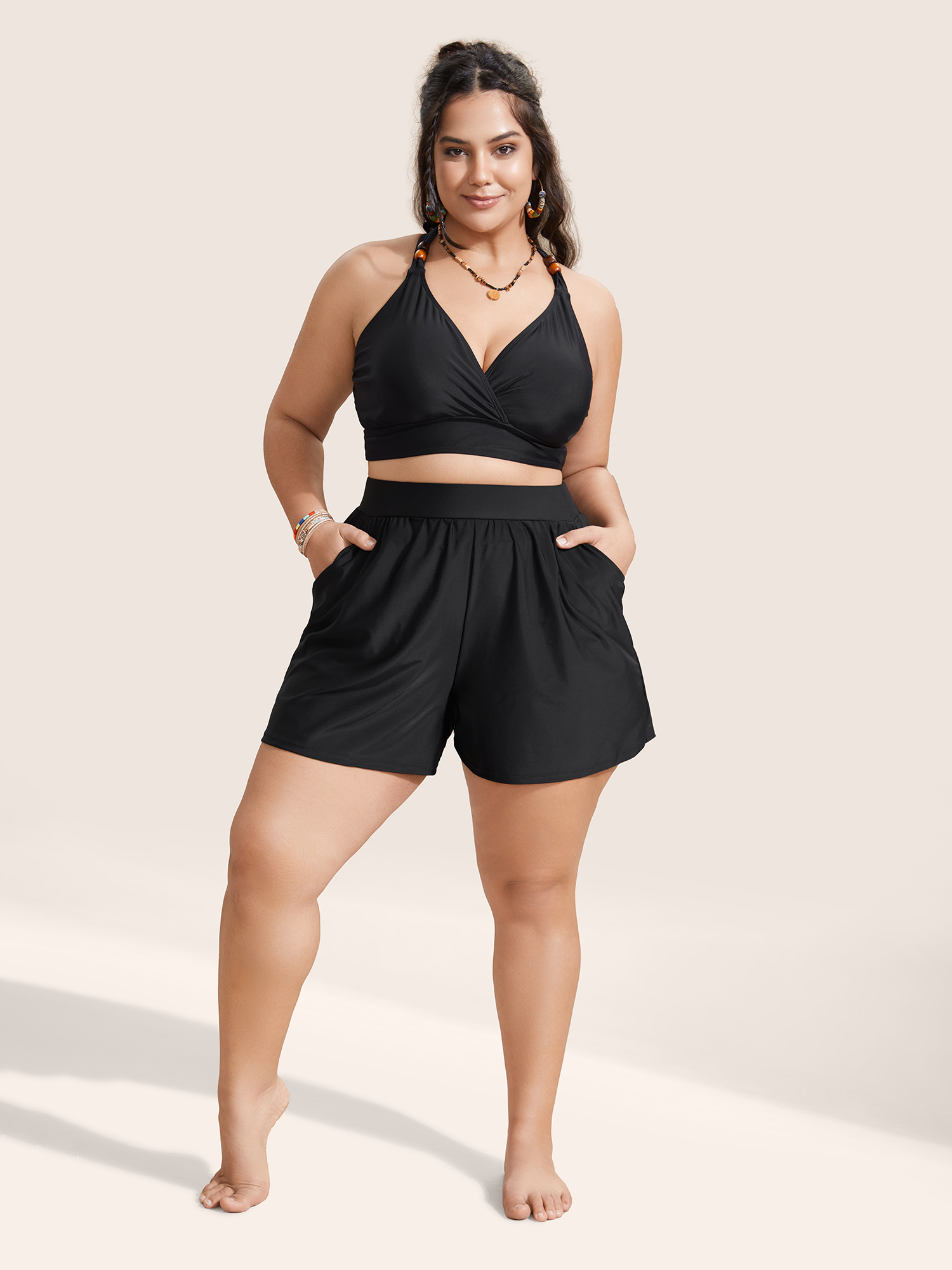 

Plus Size Solid Gathered High Rise Pocket Swim Bottom Women's Swimwear Black Beach Gathered High stretch Bodycon High Rise Slanted pocket Curve Swim Bottoms BloomChic