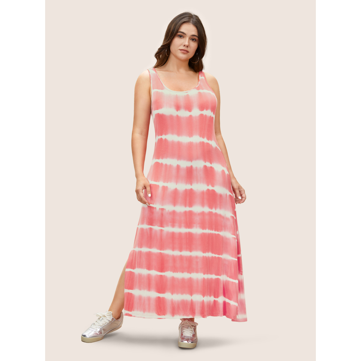 

Plus Size U Neck Tie Dye Split Hem Tank Dress Pink Women Non Curvy Midi Dress BloomChic