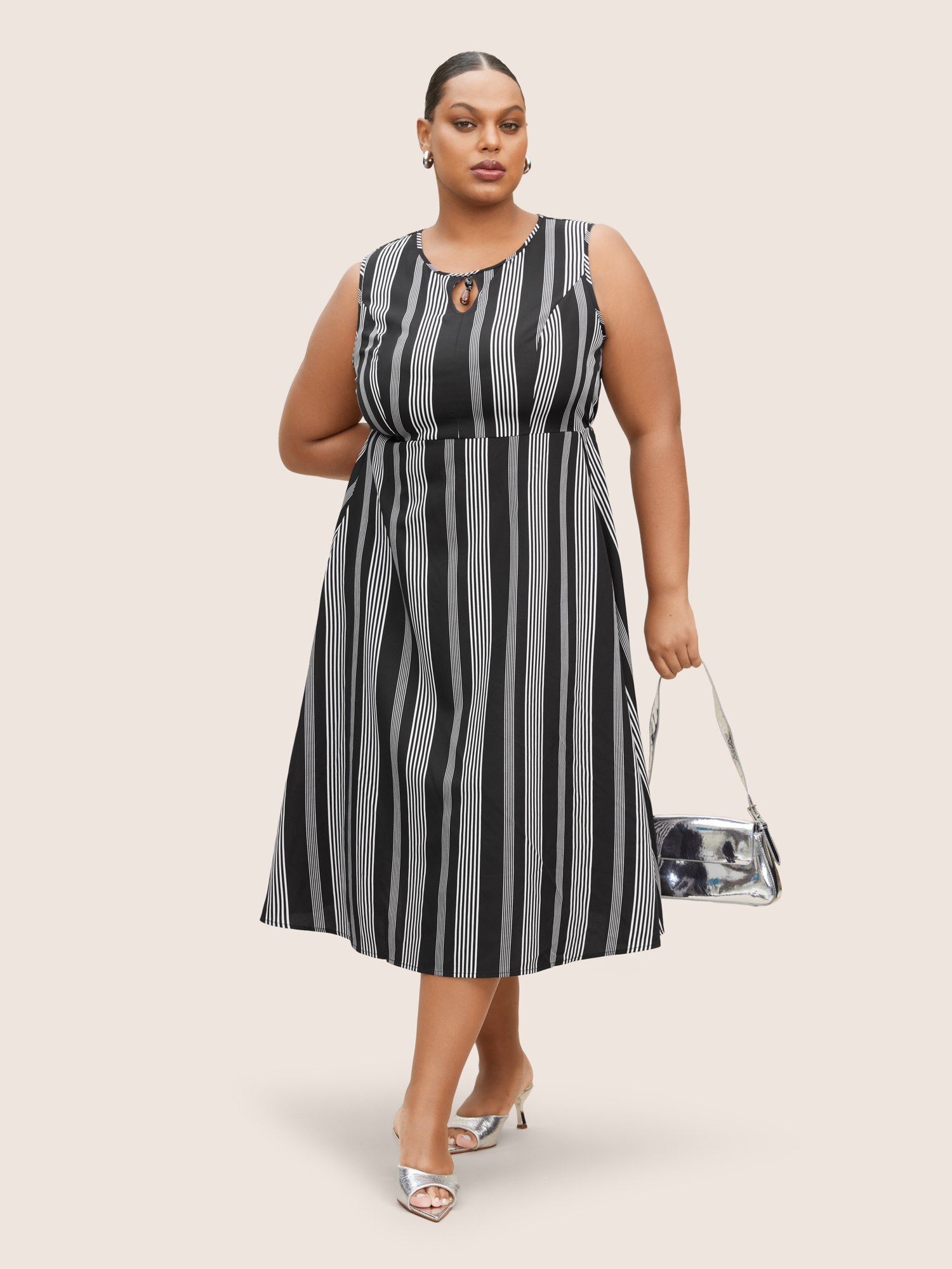 

Plus Size Striped Round Neck Sleeveless Dress Black Women At the Office Non Round Neck Sleeveless Curvy BloomChic