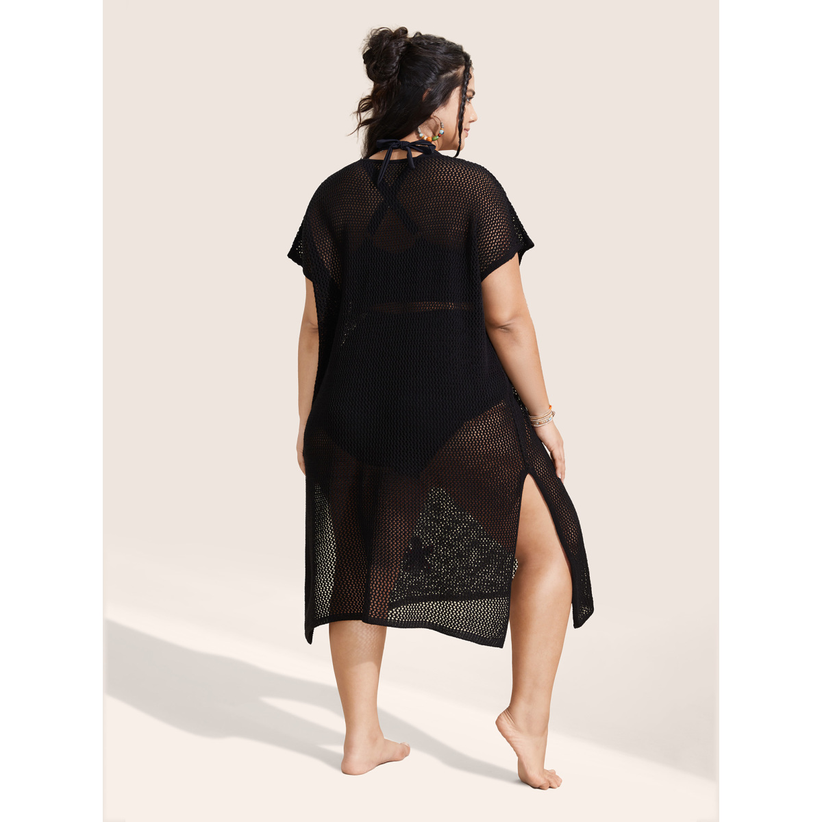 

Plus Size Stereo Flower Design Slit Hem Swim Cover Up Women's Swimwear Black Beach Loose Crochet Curve Swim Cover Ups BloomChic