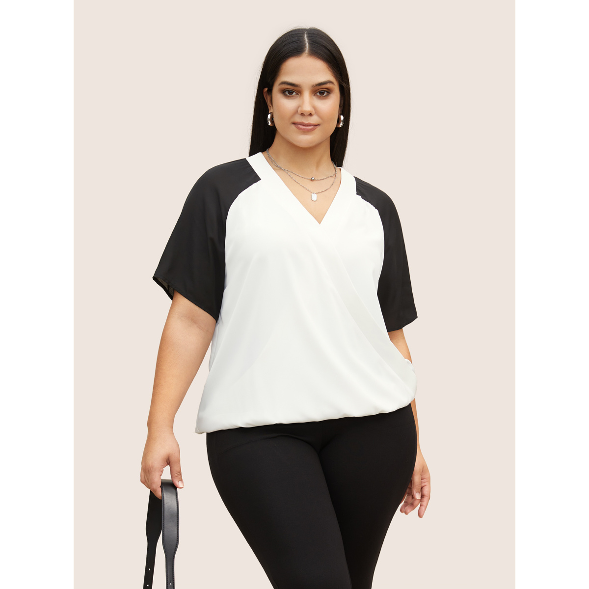 

Plus Size White Two Tone Wrap Raglan Sleeve Blouse Women At the Office Short sleeve Overlap Collar Work Blouses BloomChic