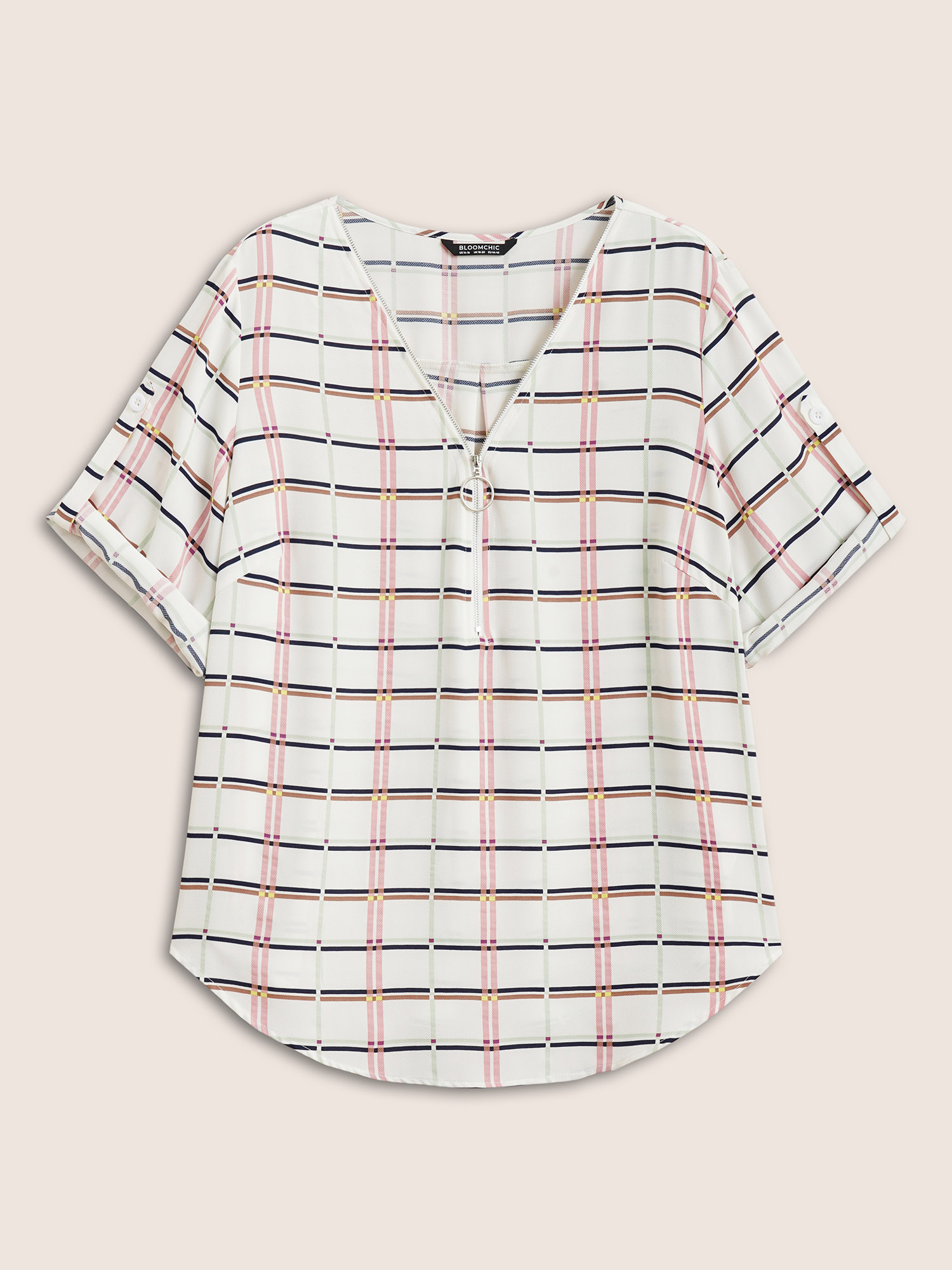 

Plus Size White Plaid O Ring Zipper Tab Sleeve Blouse Women Work From Home Elbow-length sleeve V-neck Work Blouses BloomChic