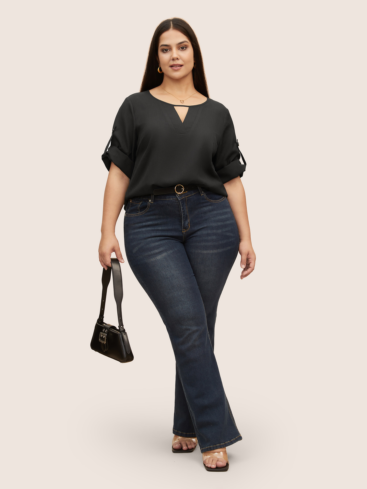 

Plus Size Black Plain Keyhole Tab Sleeve Blouse Women Work From Home Elbow-length sleeve Notched collar Work Blouses BloomChic