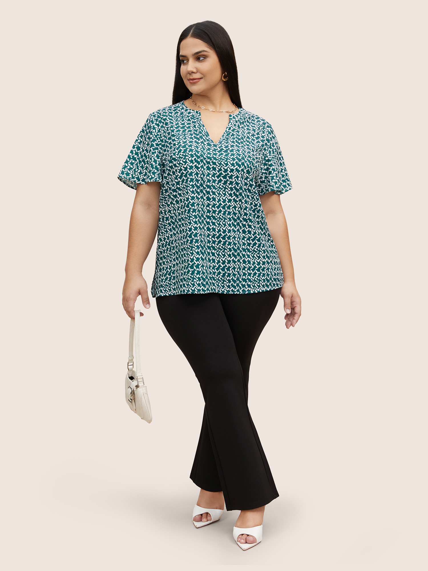 Plus Size Mint Notched Collar Geometric Flutter Sleeve Blouse Women Work From Home Elbow-length sleeve Notched collar Work Blouses BloomChic 30/6X 