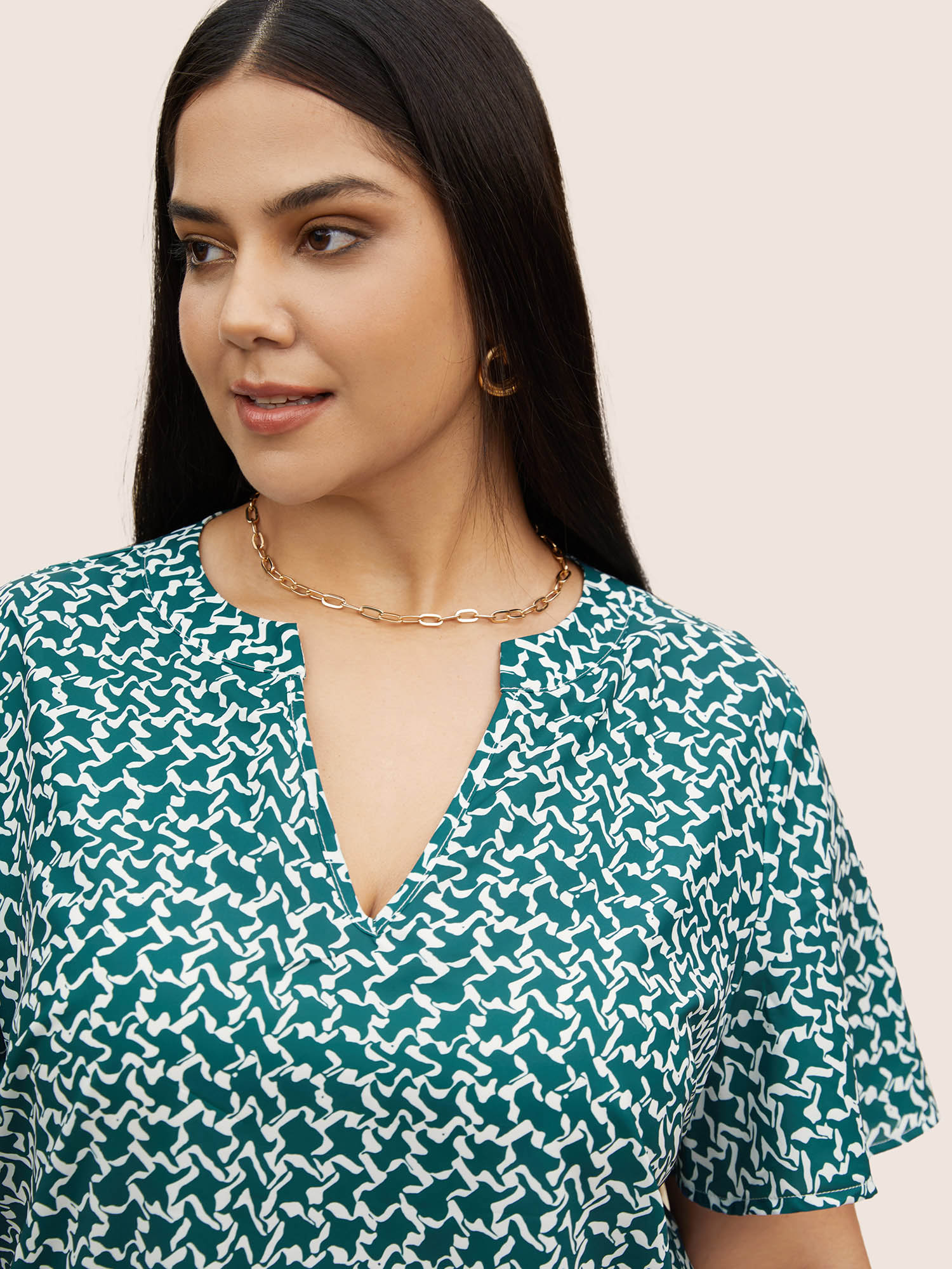 Plus Size Mint Notched Collar Geometric Flutter Sleeve Blouse Women Work From Home Elbow-length sleeve Notched collar Work Blouses BloomChic 30/6X 