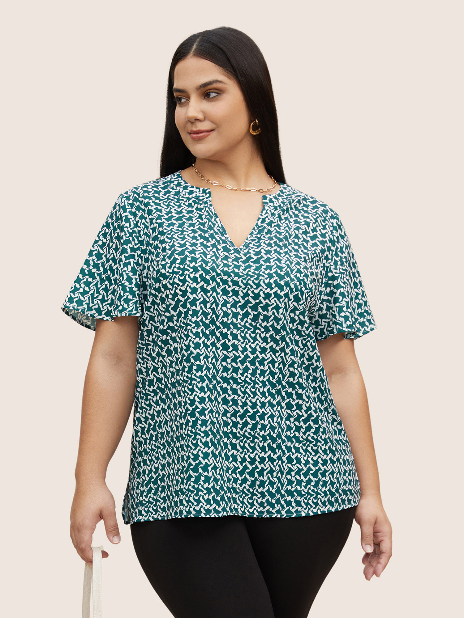 

Plus Size Mint Notched Collar Geometric Flutter Sleeve Blouse Women Work From Home Elbow-length sleeve Notched collar Work Blouses BloomChic