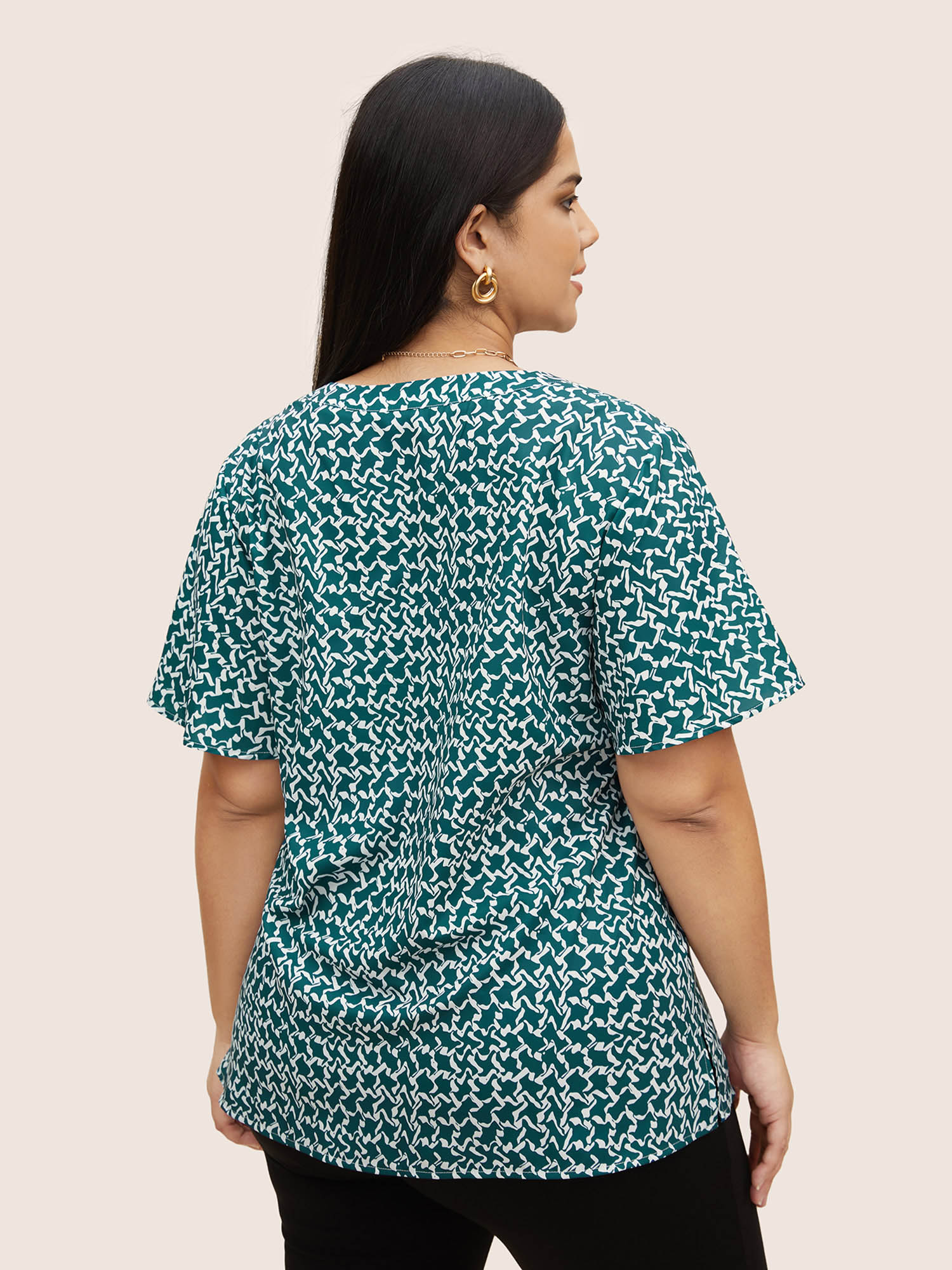 Plus Size Mint Notched Collar Geometric Flutter Sleeve Blouse Women Work From Home Elbow-length sleeve Notched collar Work Blouses BloomChic 30/6X 