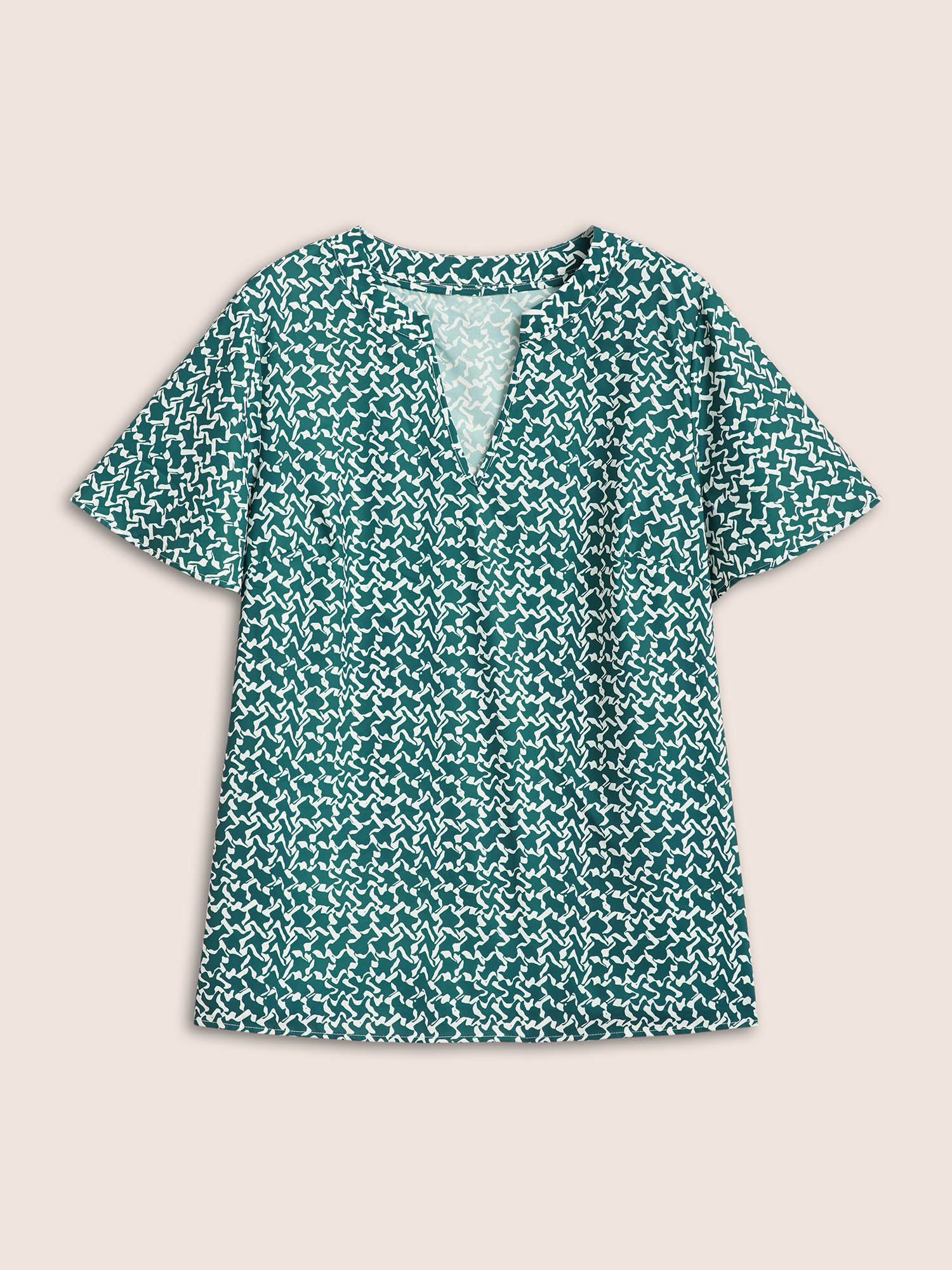 Plus Size Mint Notched Collar Geometric Flutter Sleeve Blouse Women Work From Home Elbow-length sleeve Notched collar Work Blouses BloomChic 30/6X 