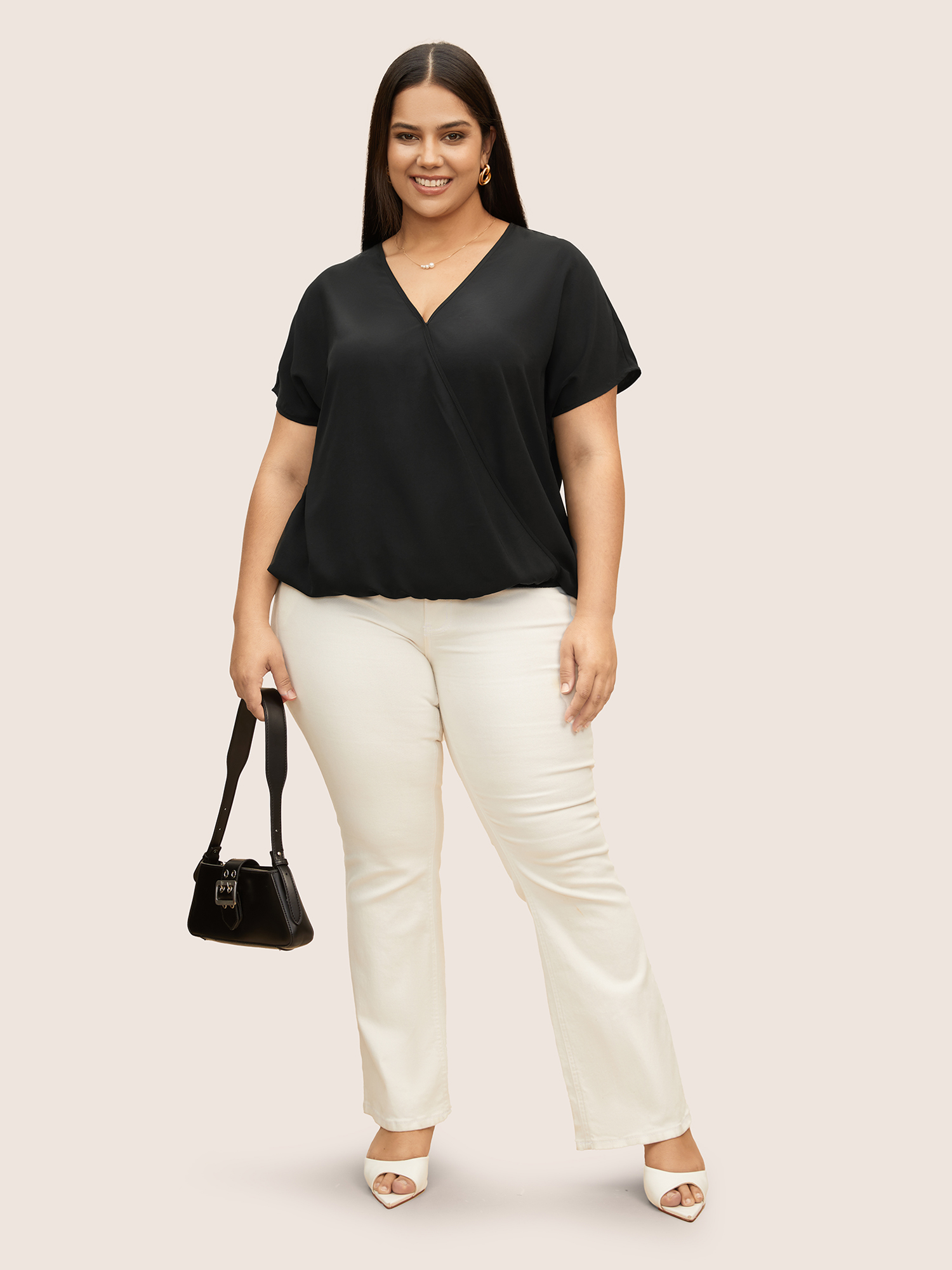 

Plus Size Black Plain Overlap Collar Dolman Sleeve Blouse Women Work From Home Short sleeve Overlap Collar Work Blouses BloomChic