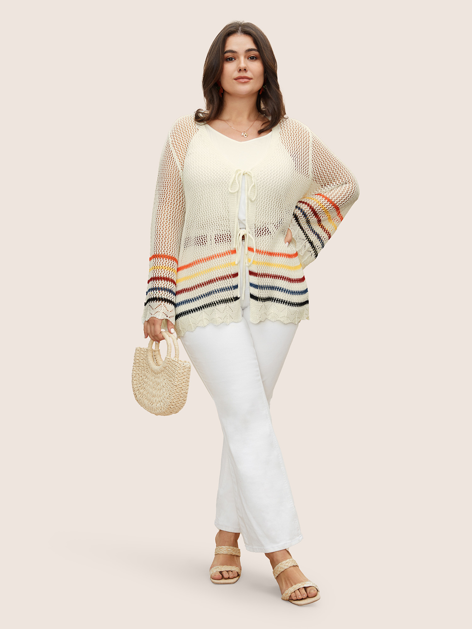 Plus Size Colored Striped Cut Out Tie Knot Coat Women Originalwhite Casual Tie knot Loose Ladies Everyday Winter Coats BloomChic 26/4X 
