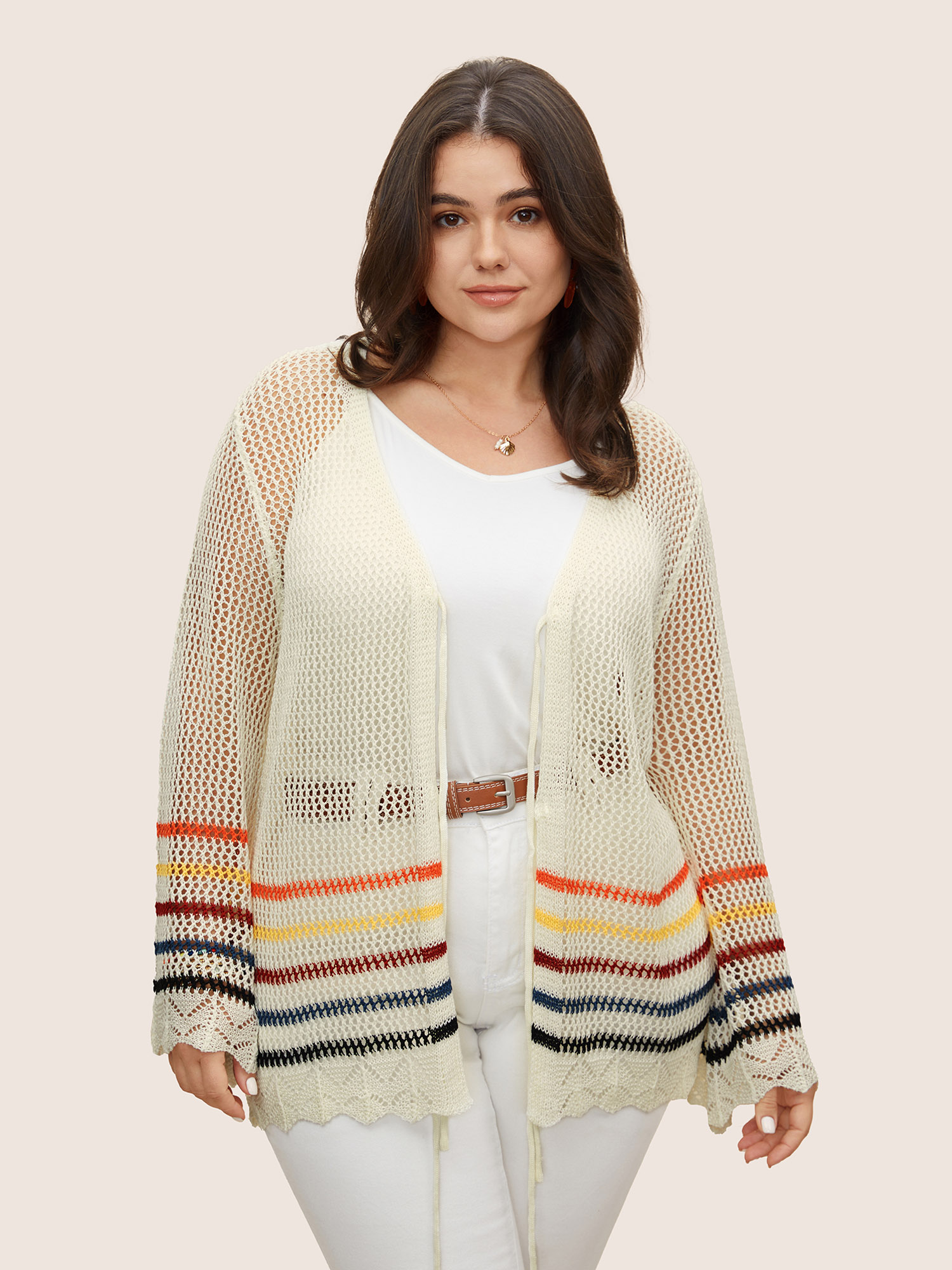 Plus Size Colored Striped Cut Out Tie Knot Coat Women Originalwhite Casual Tie knot Loose Ladies Everyday Winter Coats BloomChic 26/4X 