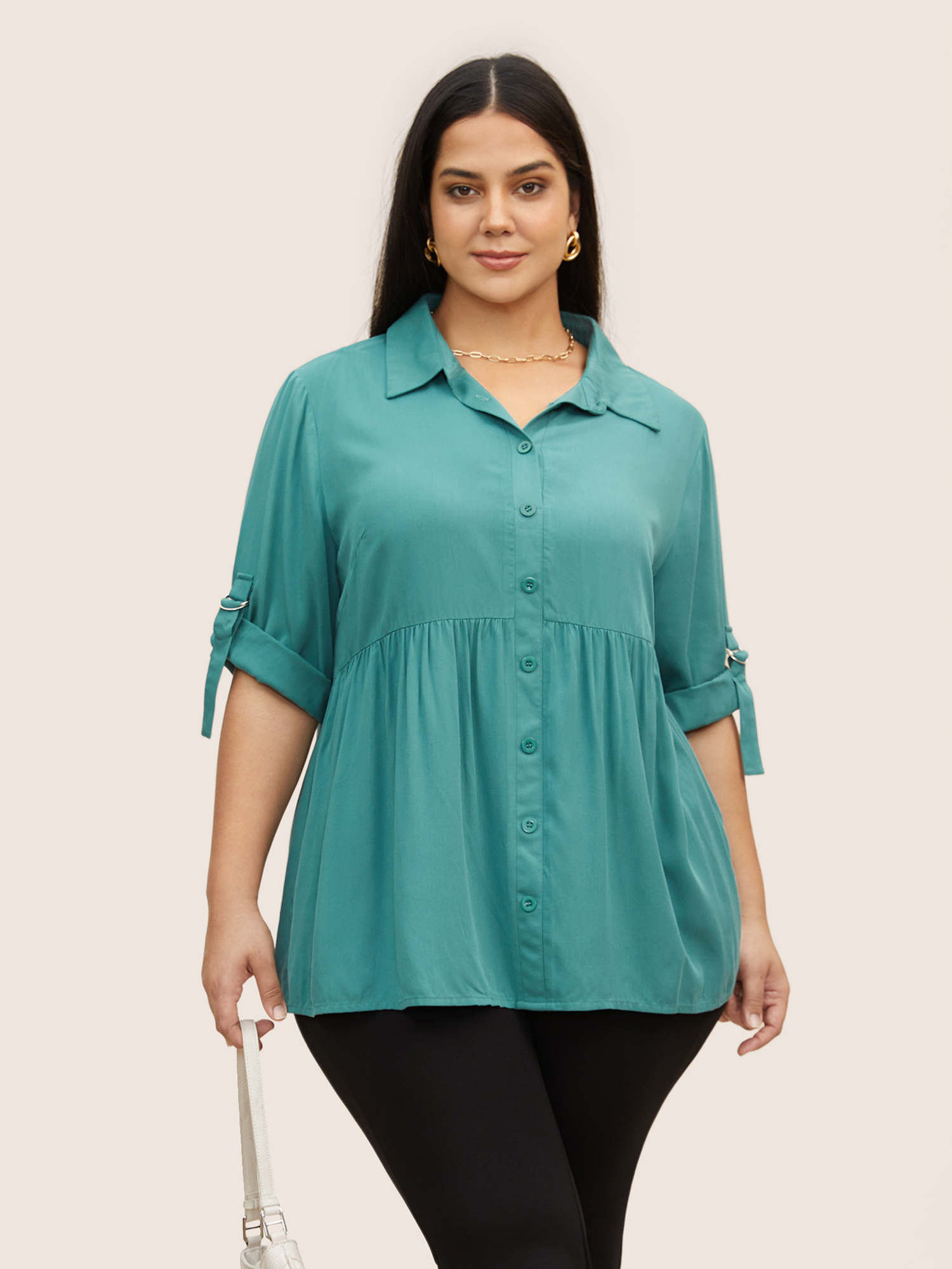 

Plus Size Emerald Rayon Shirt Collar Button Cuff Sleeve Blouse Women Work From Home Elbow-length sleeve Shirt collar Work Blouses BloomChic