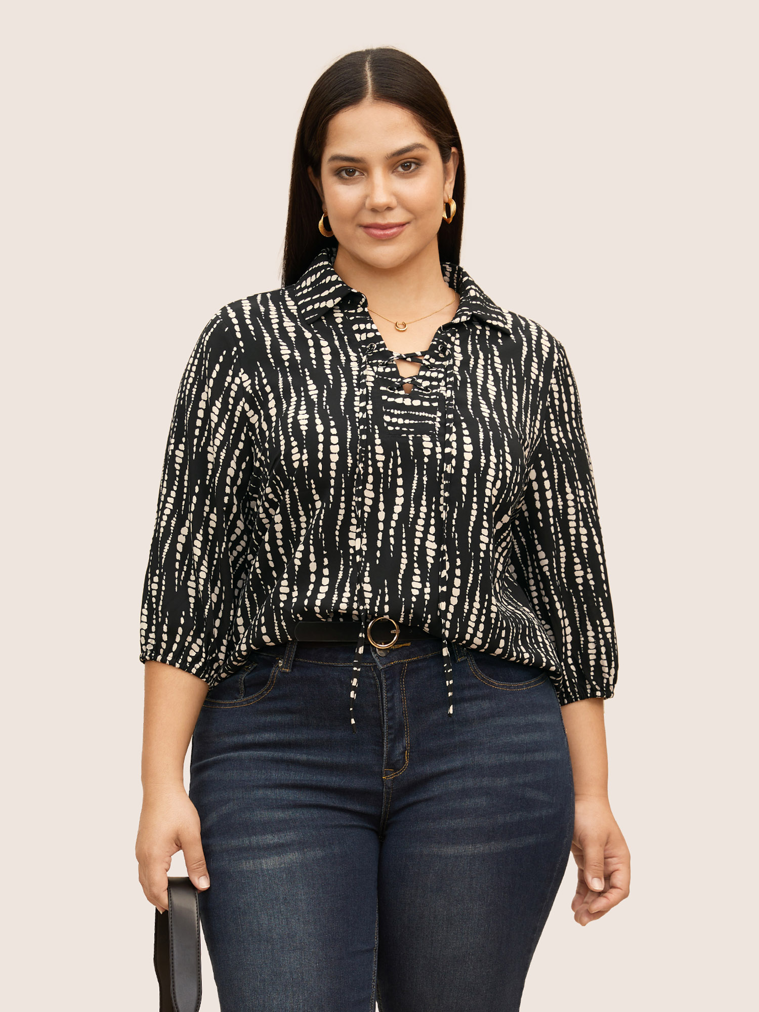 

Plus Size Black Striped Lace Up Gathered Lantern Sleeve Blouse Women At the Office Elbow-length sleeve Shirt collar Work Blouses BloomChic