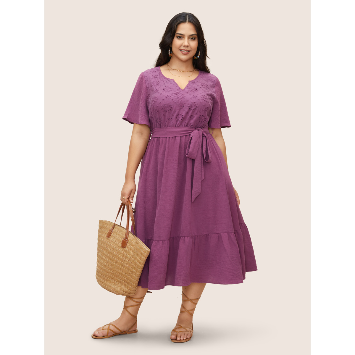 

Plus Size Solid Notched Broderie Anglaise Pocket Dress Purple Women Ruffles Notched collar Short sleeve Curvy BloomChic