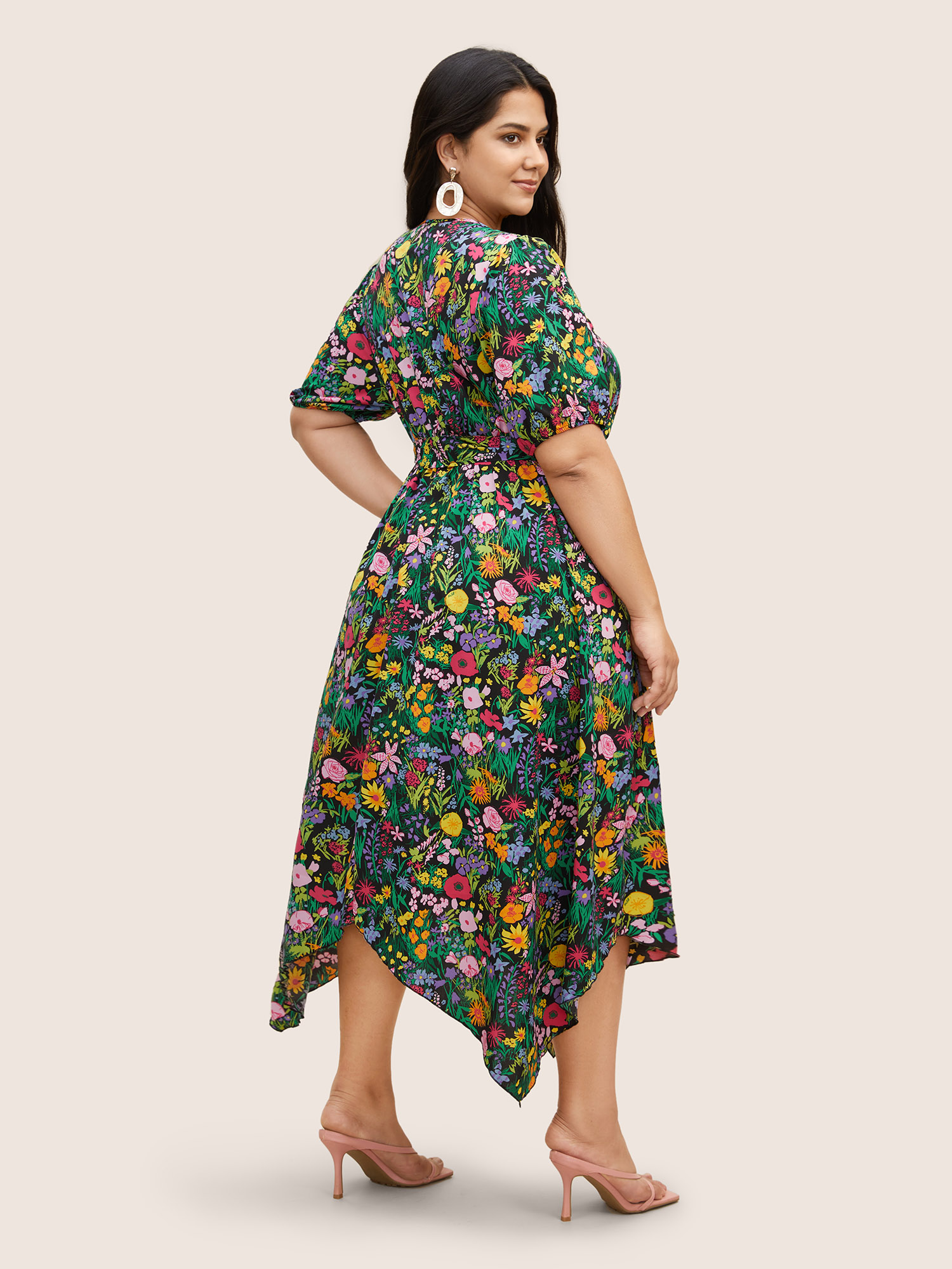 

Plus Size Floral Overlap Collar Belted Asymmetrical Hem Dress Black Women Overlapping V-neck Short sleeve Curvy Midi Dress BloomChic