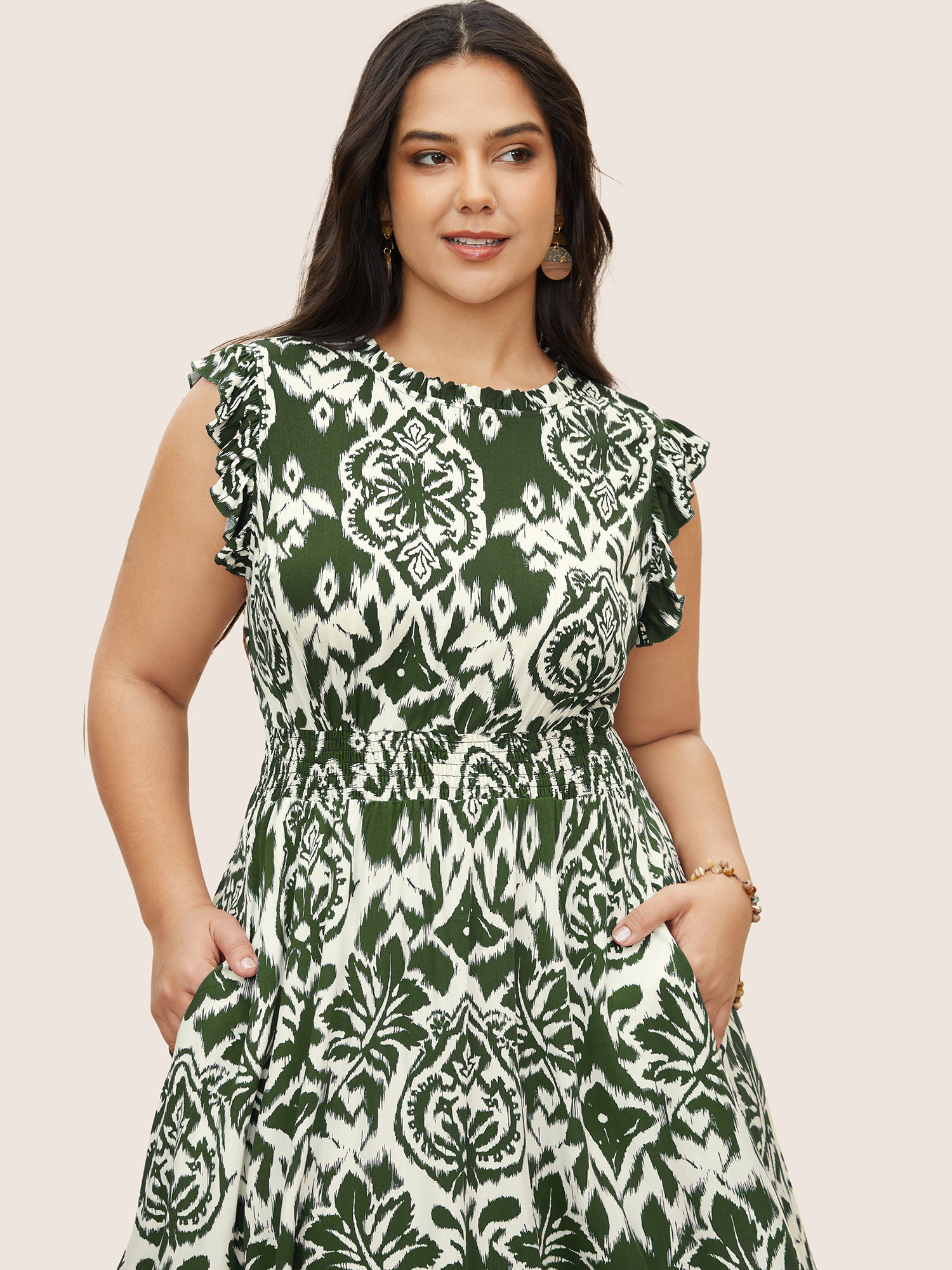 Plus Size Boho print Mock Neck Shirred Ruffle Cap Sleeve Dress Moss Women Shirred Mock Neck Cap Sleeve Curvy Midi Dress BloomChic 28/5X 