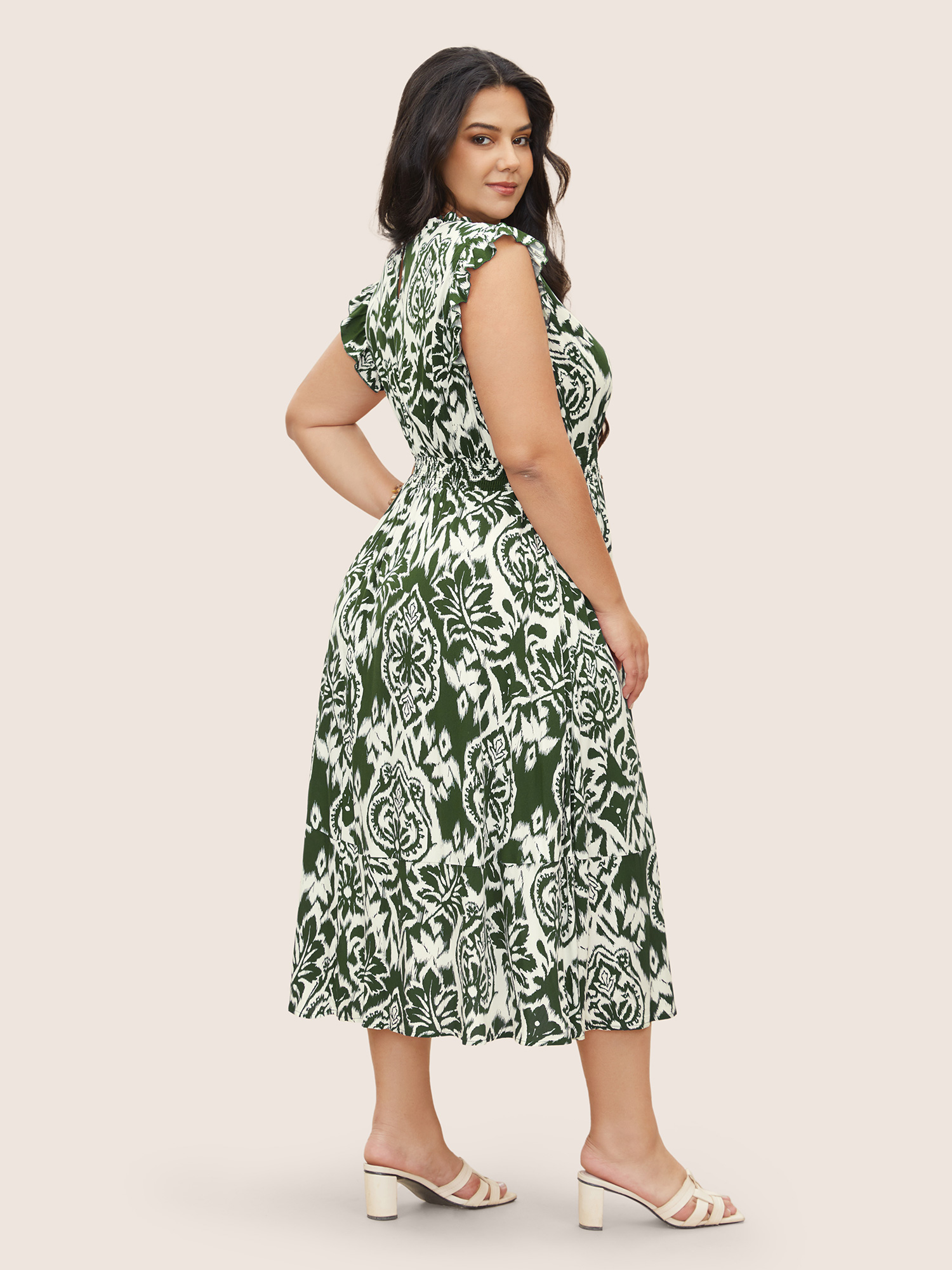 Plus Size Boho print Mock Neck Shirred Ruffle Cap Sleeve Dress Moss Women Shirred Mock Neck Cap Sleeve Curvy Midi Dress BloomChic 28/5X 