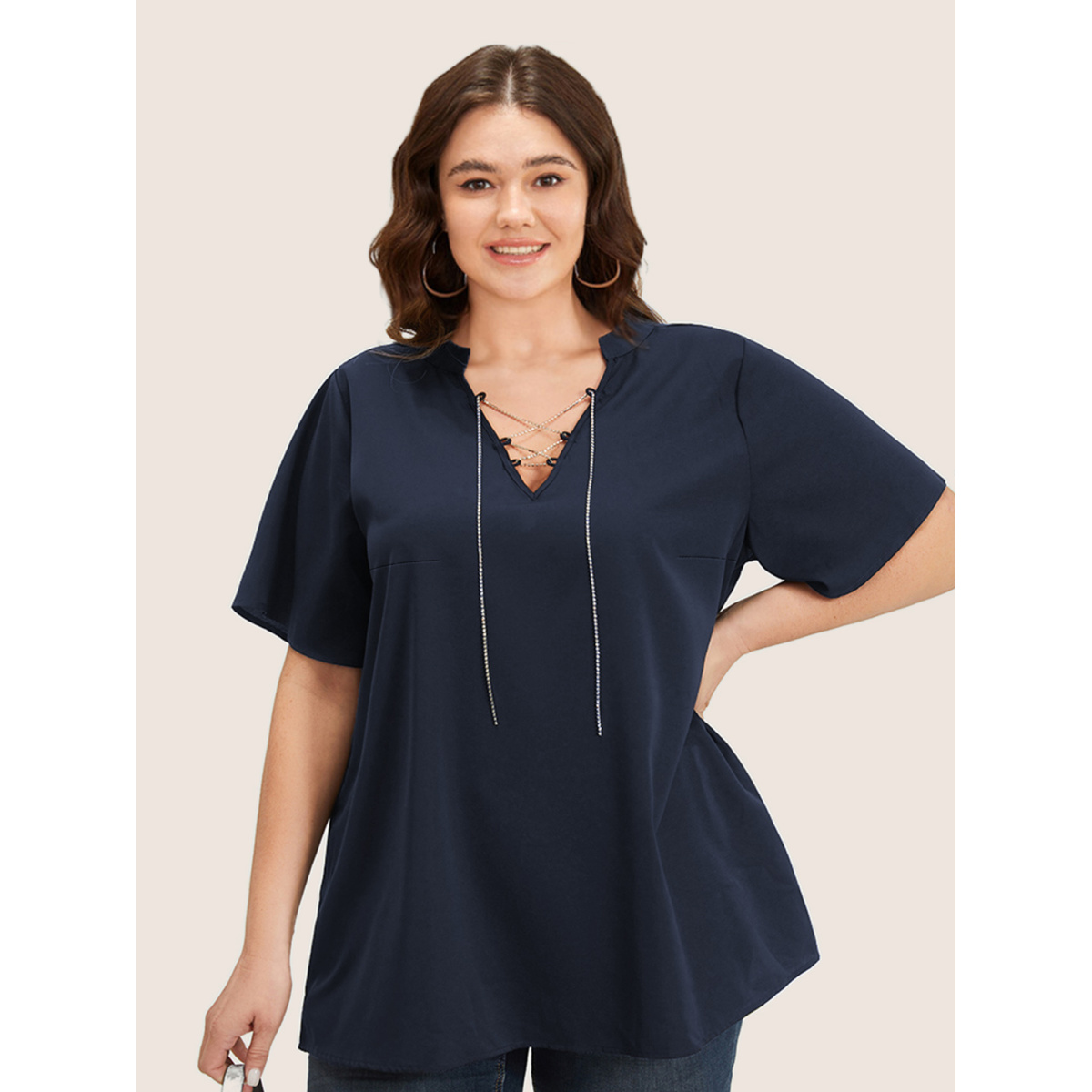 

Plus Size Indigo Solid Crisscross Notched Metal Decor Blouse Women Office Short sleeve Notched collar Work Blouses BloomChic