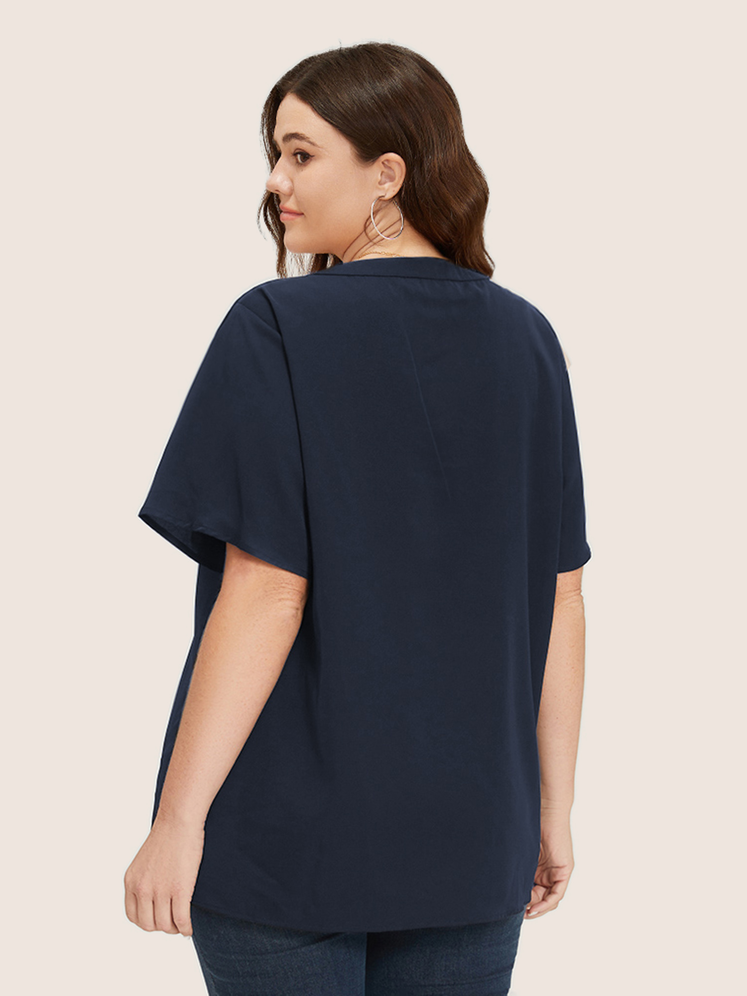 Plus Size Indigo Solid Crisscross Notched Metal Decor Blouse Women Office Short sleeve Notched collar Work Blouses BloomChic 28/5X 