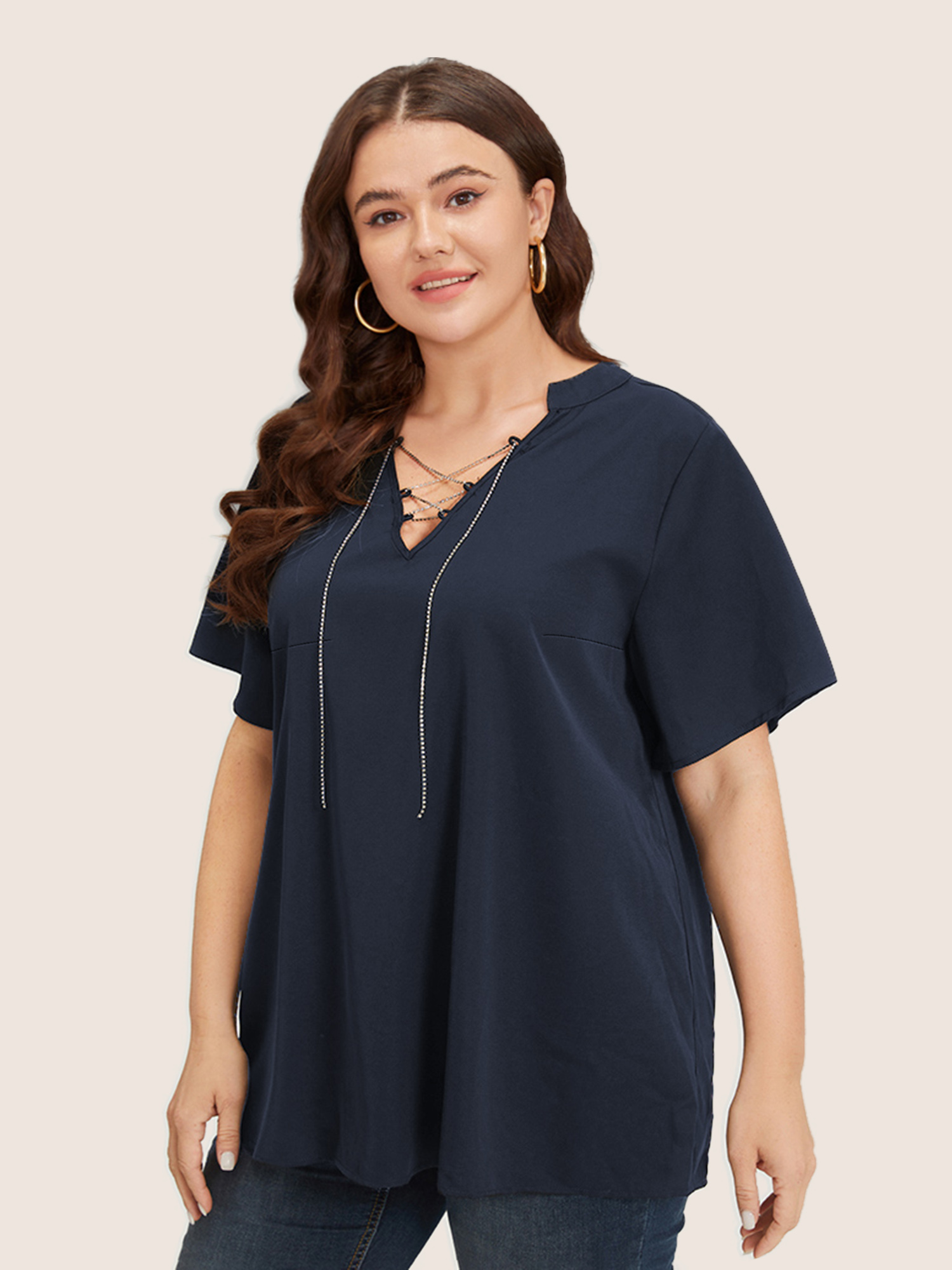 Plus Size Indigo Solid Crisscross Notched Metal Decor Blouse Women Office Short sleeve Notched collar Work Blouses BloomChic 28/5X 
