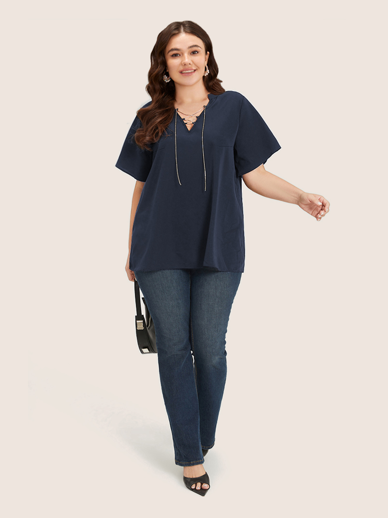 

Plus Size Indigo Solid Crisscross Notched Metal Decor Blouse Women Office Short sleeve Notched collar Work Blouses BloomChic