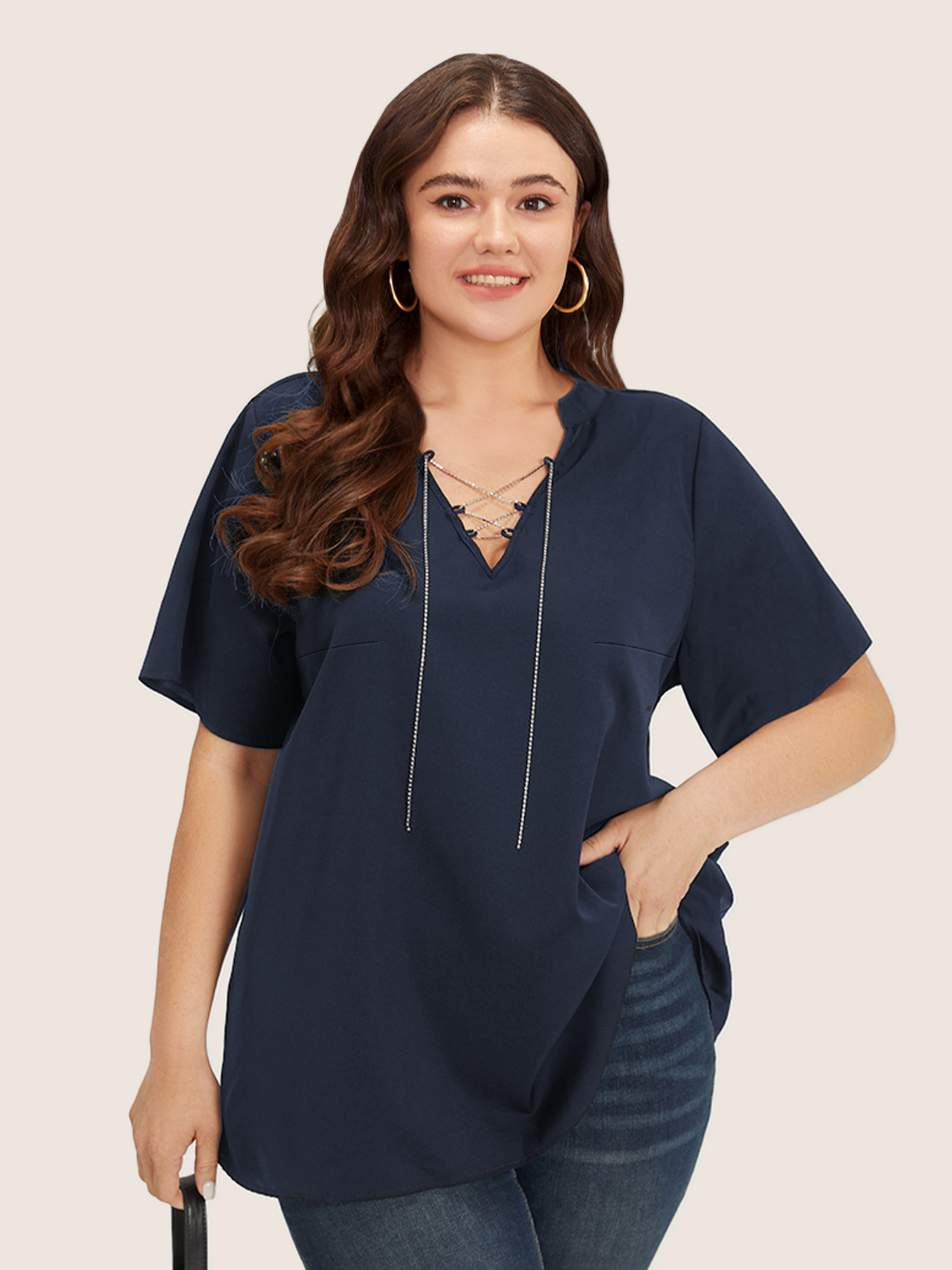 Plus Size Indigo Solid Crisscross Notched Metal Decor Blouse Women Office Short sleeve Notched collar Work Blouses BloomChic 28/5X 