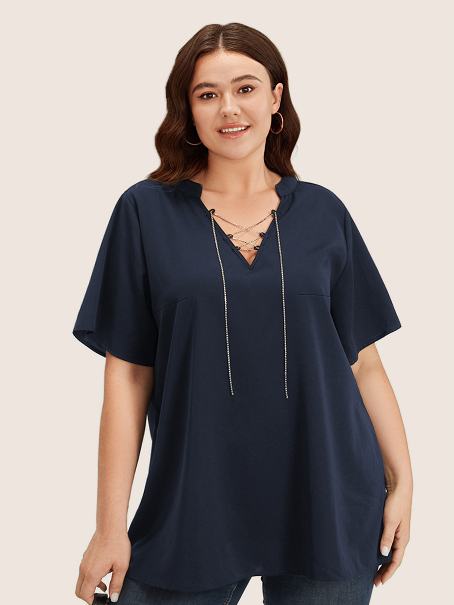 Plus Size Indigo Solid Crisscross Notched Metal Decor Blouse Women Office Short sleeve Notched collar Work Blouses BloomChic 28/5X 