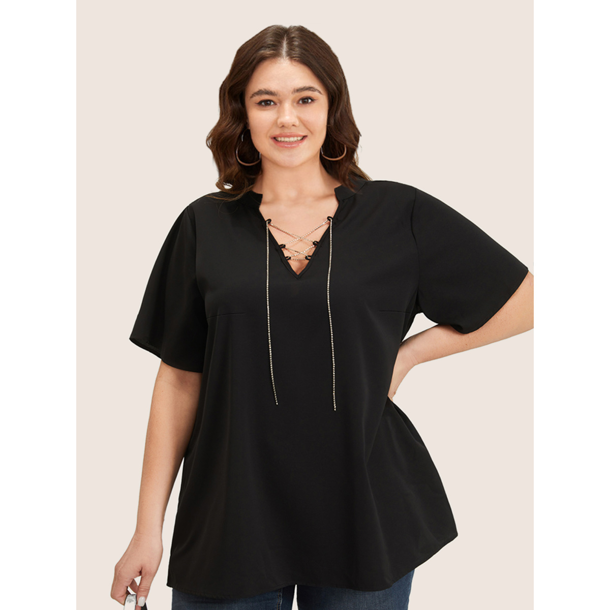 

Plus Size Black Solid Crisscross Notched Metal Decor Blouse Women Office Short sleeve Notched collar Work Blouses BloomChic