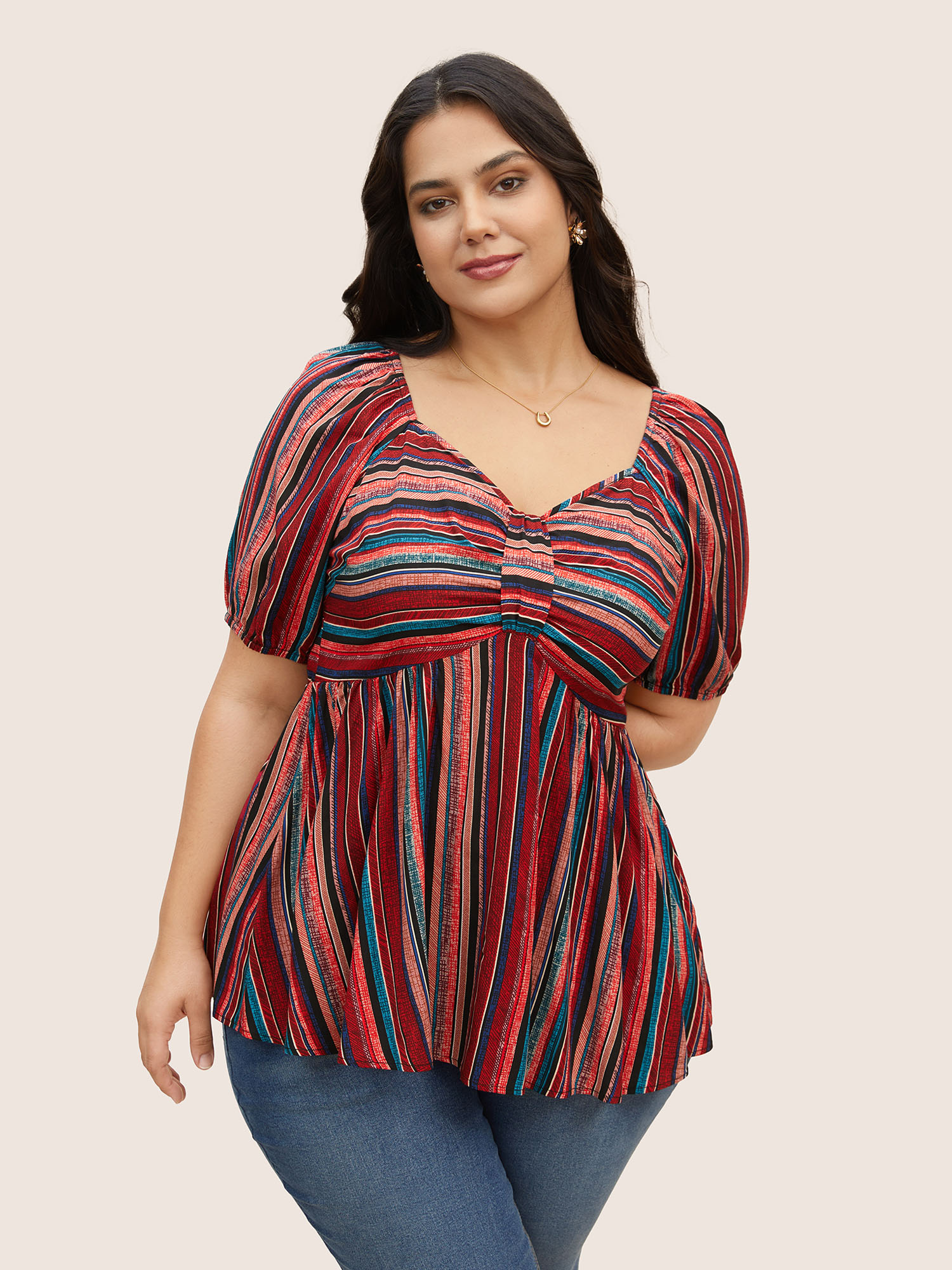 

Plus Size Multicolor Striped Heart Neckline Lantern Sleeve Blouse Women Elegant Short sleeve Heart neckline Everyday Blouses BloomChic