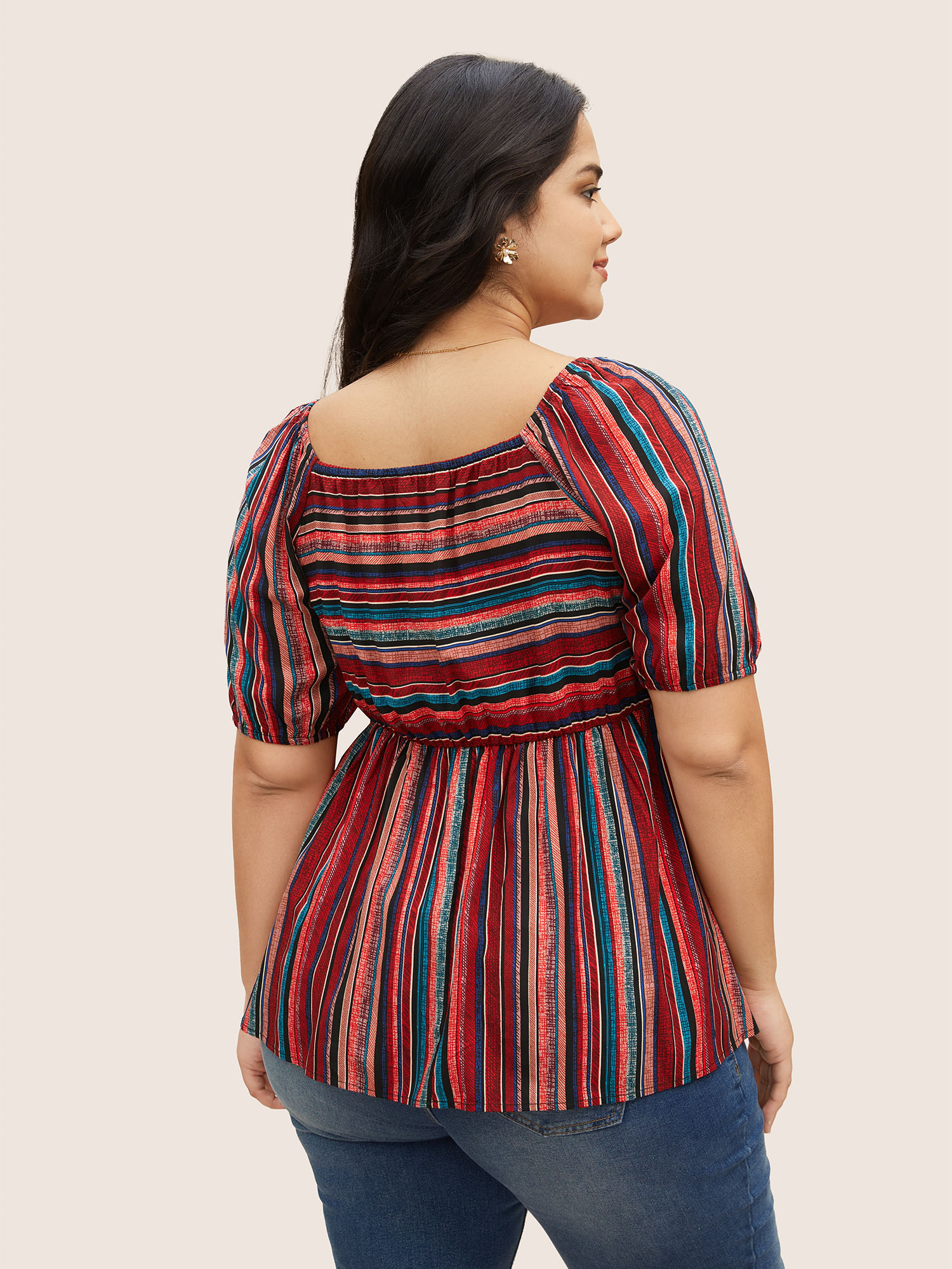 

Plus Size Multicolor Striped Heart Neckline Lantern Sleeve Blouse Women Elegant Short sleeve Heart neckline Everyday Blouses BloomChic