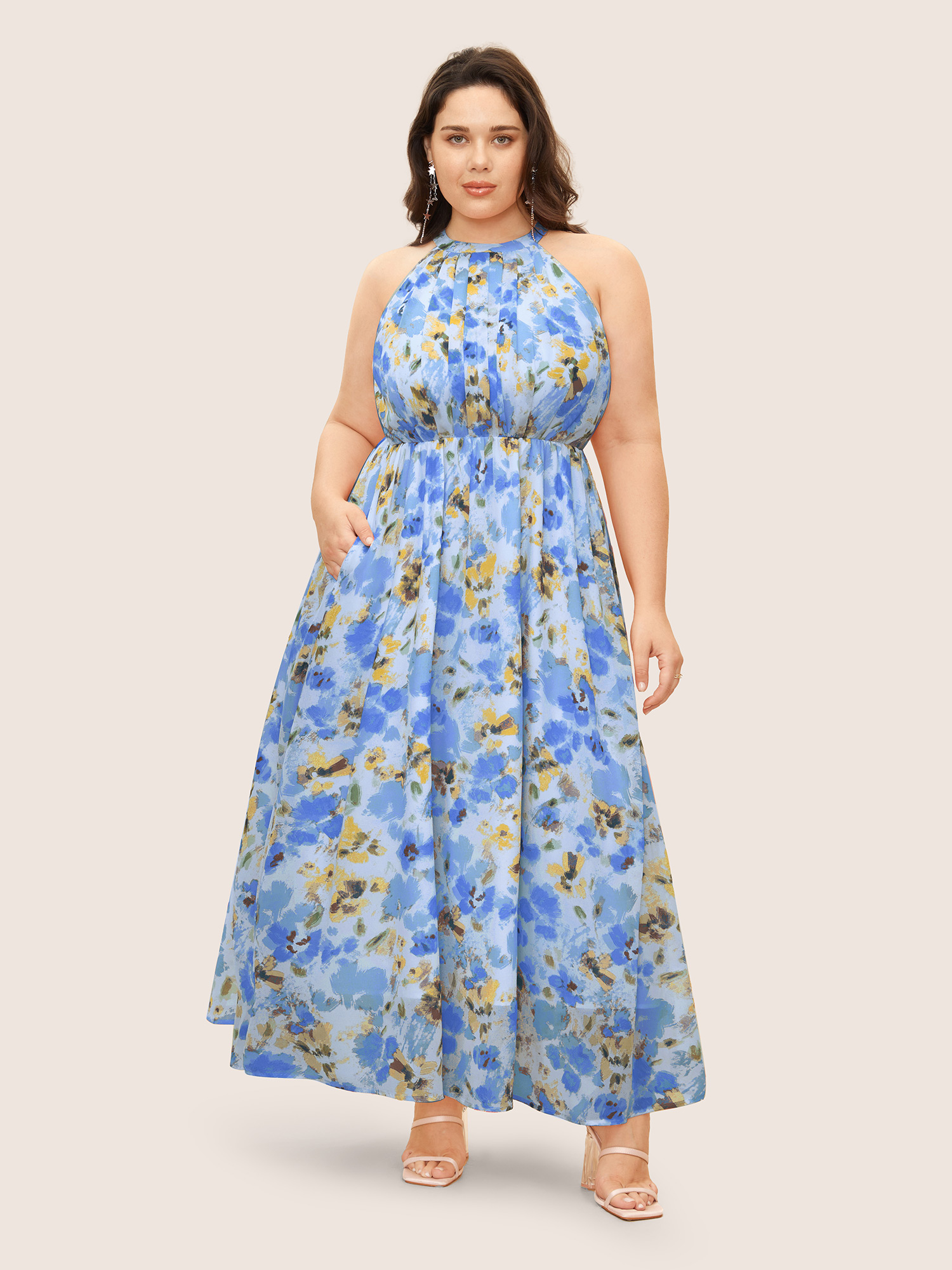 

Plus Size Halter Neck Floral Pleated Pocket Dress LightBlue Women Formal Shirt collar Sleeveless Curvy BloomChic