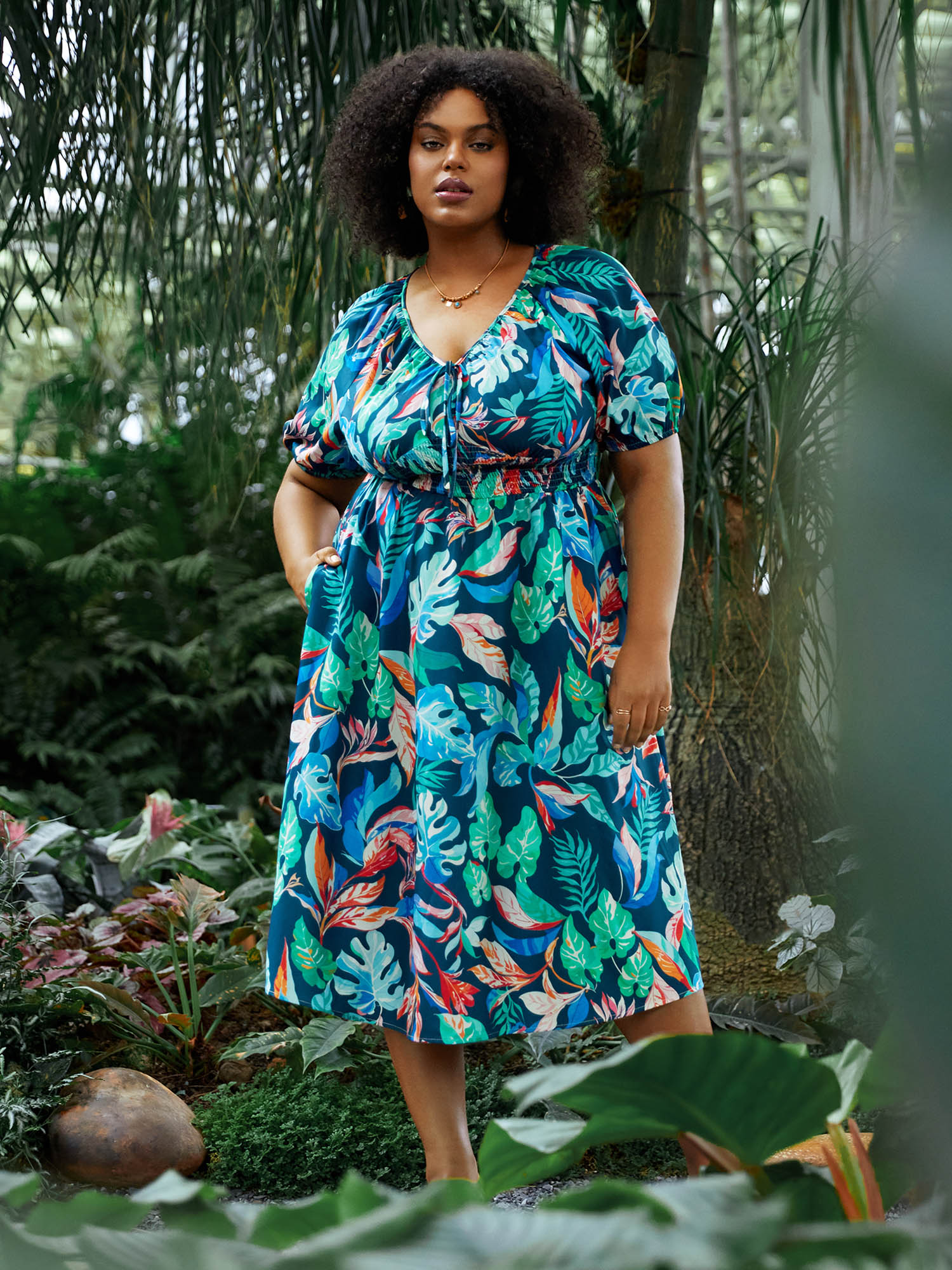 

Plus Size Tropical Leaves V Neck Lantern Sleeve Dress Blue Women Tie knot V-neck Half Sleeve Curvy BloomChic