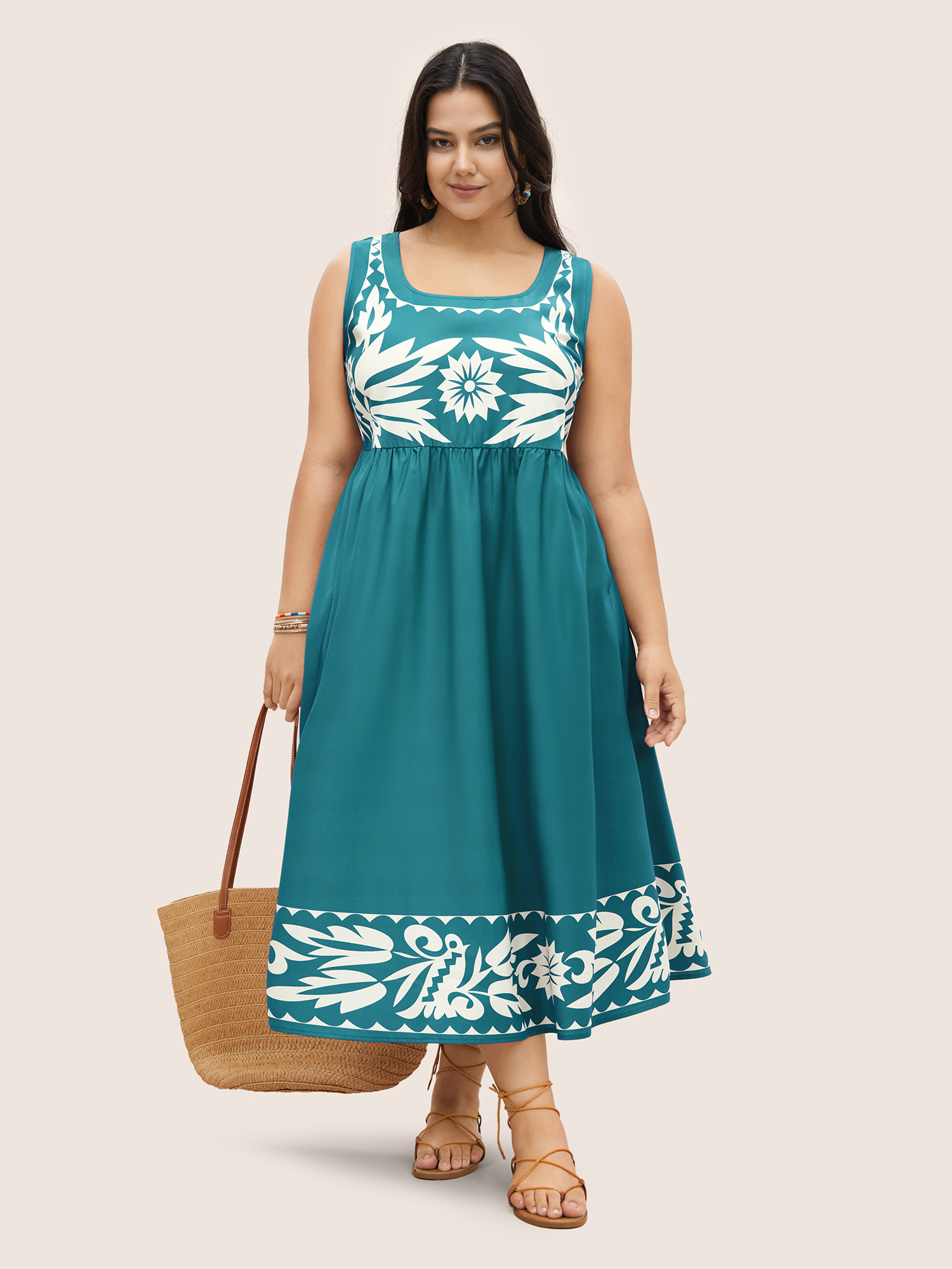 

Plus Size Boho Print Square Neck Elastic Waist Tank Dress Emerald Women Resort Gathered Round Neck Sleeveless Curvy Midi Dress BloomChic