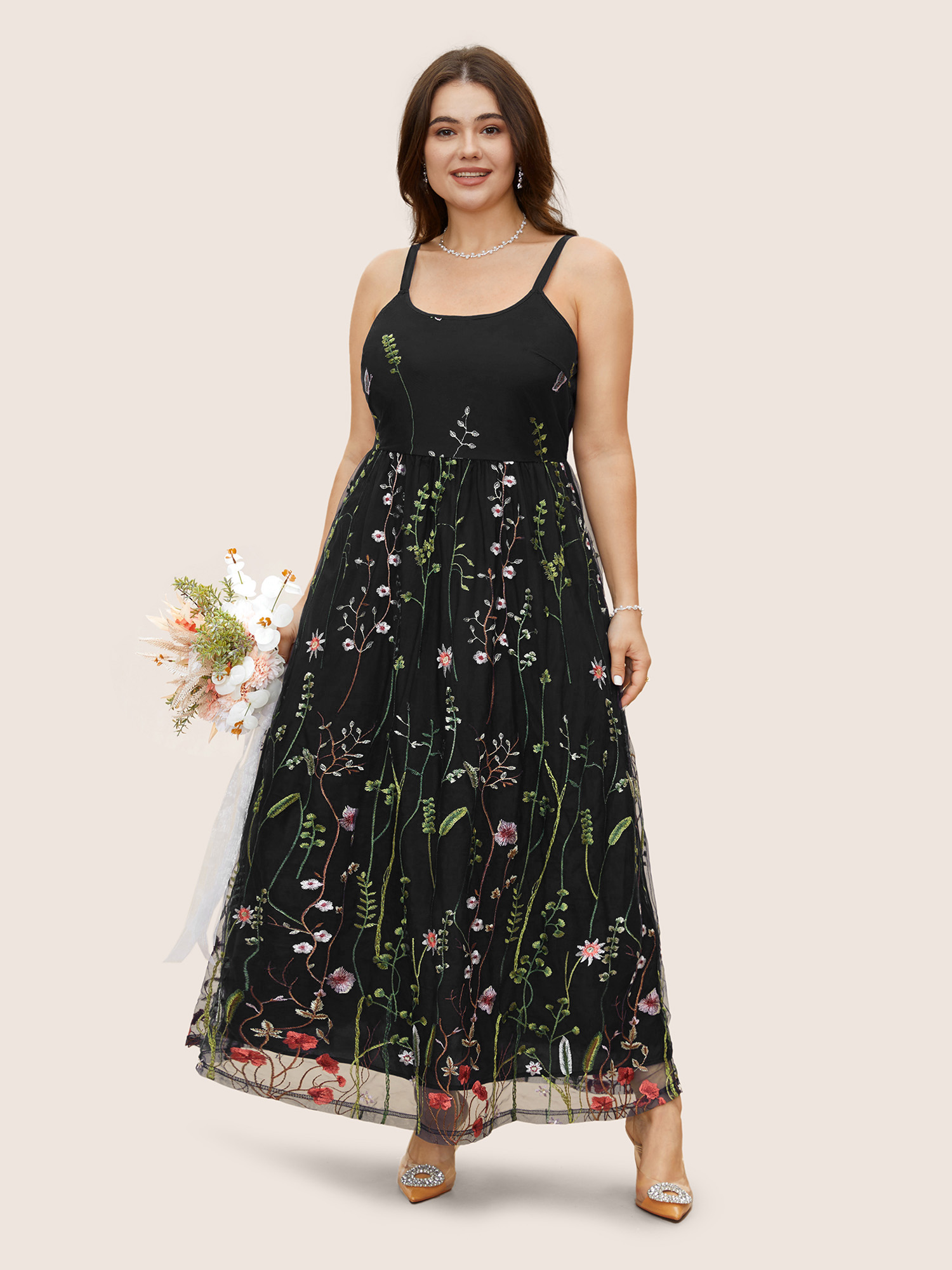 

Plus Size U Neck Floral Embroidered Mesh Cami Dress Black Women Formal U-neck Sleeveless Curvy BloomChic