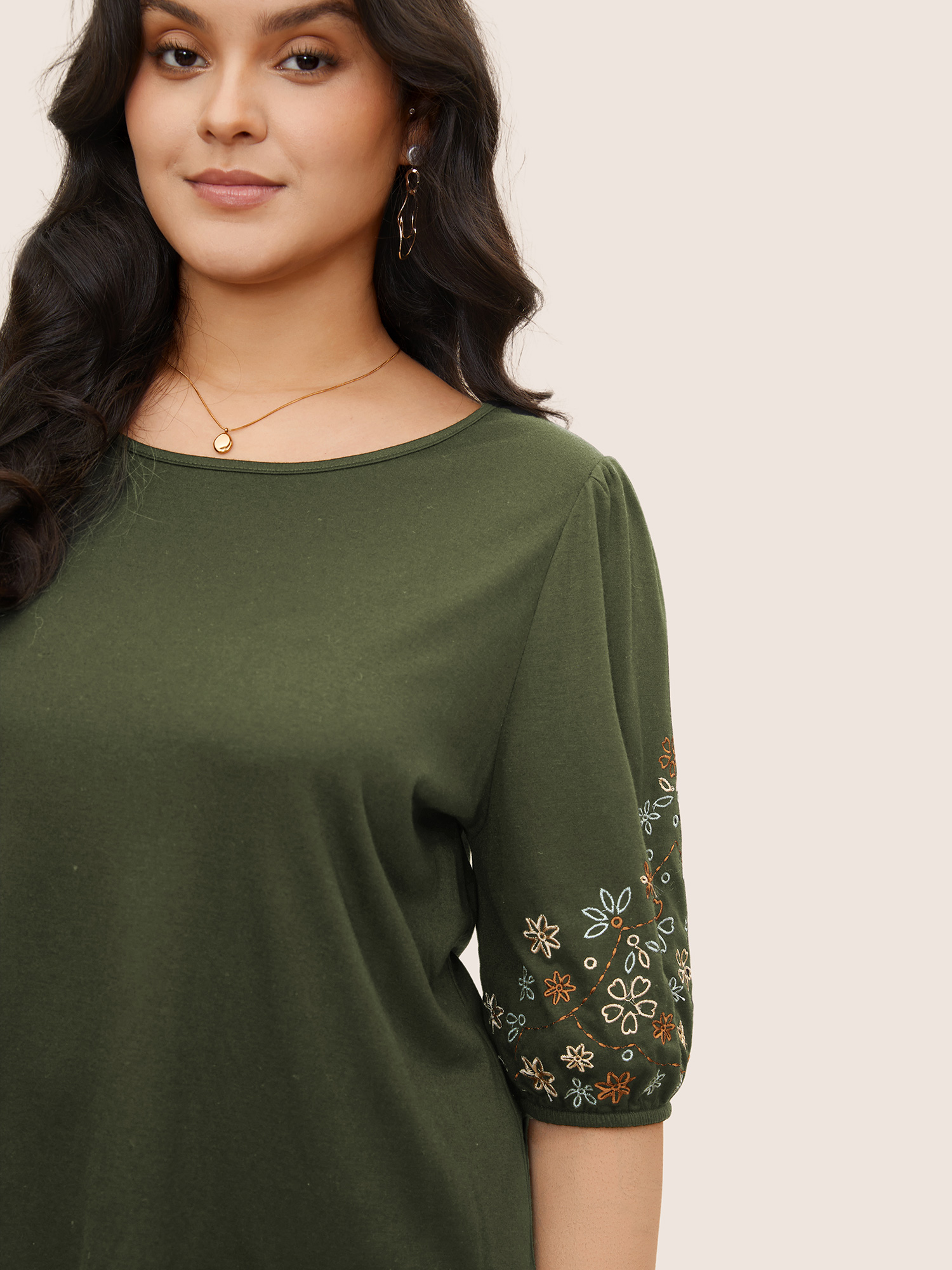 

Plus Size Floral Embroidered Crew Neck Puff Sleeve T-shirt ArmyGreen Women Elegant Embroidered Round Neck Everyday T-shirts BloomChic