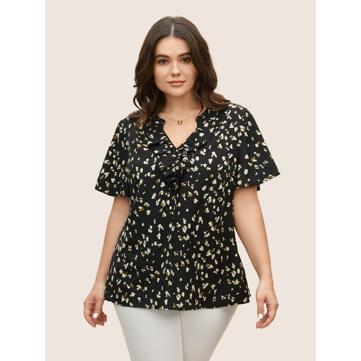 

Plus Size Black Allover Print Notched Ruffle Trim Blouse Women Work From Home Short sleeve V-neck Work Blouses BloomChic