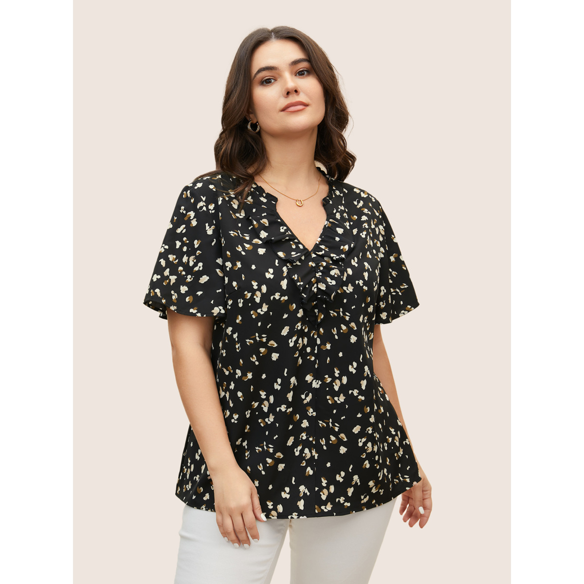 

Plus Size Black Allover Print Notched Ruffle Trim Blouse Women Work From Home Short sleeve V-neck Work Blouses BloomChic