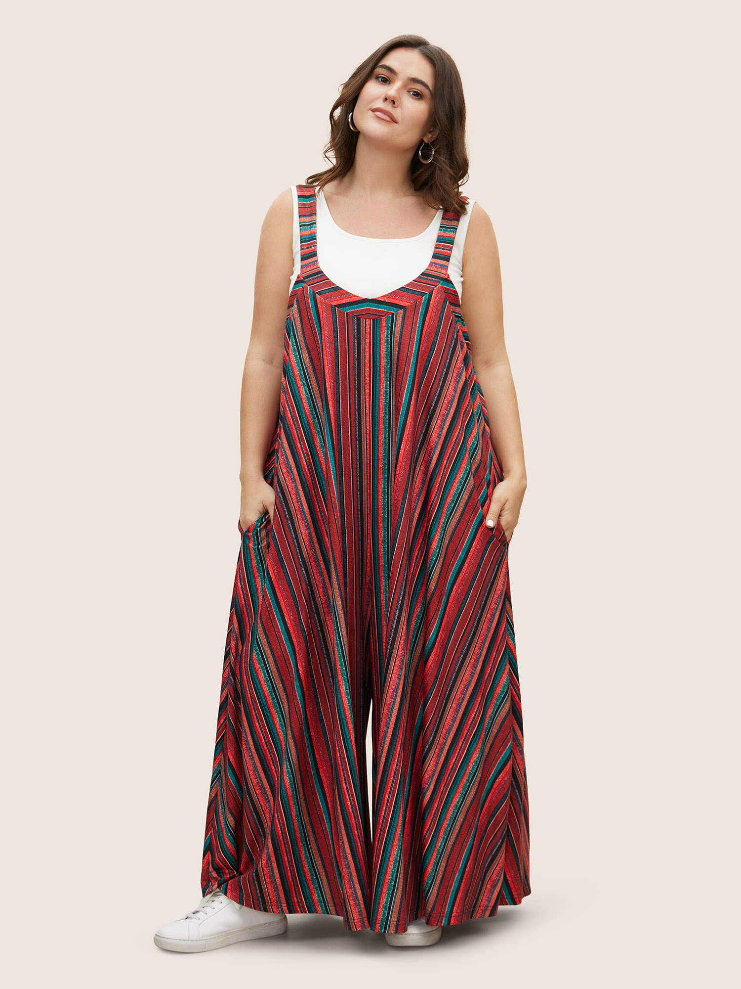 Plus Size Multicolor Colored Striped Adjustable Straps Jumpsuit Women Casual Sleeveless Non Everyday Loose Jumpsuits BloomChic 18-20/2X 