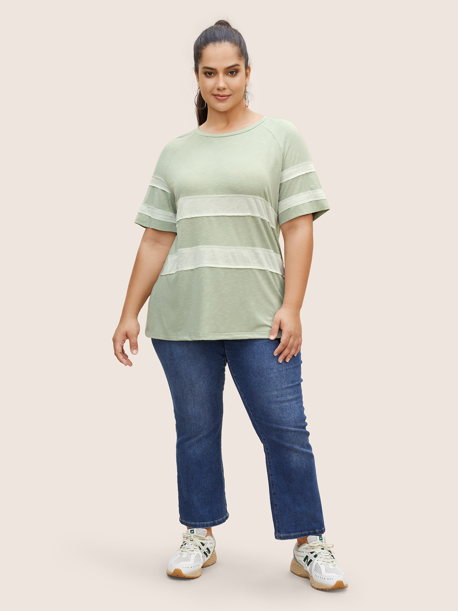 Plus Size Colorblock Contrast Patchwork Raglan Sleeve T-shirt Palemauve Women Casual Patchwork Round Neck Everyday T-shirts BloomChic 14-16/1X 