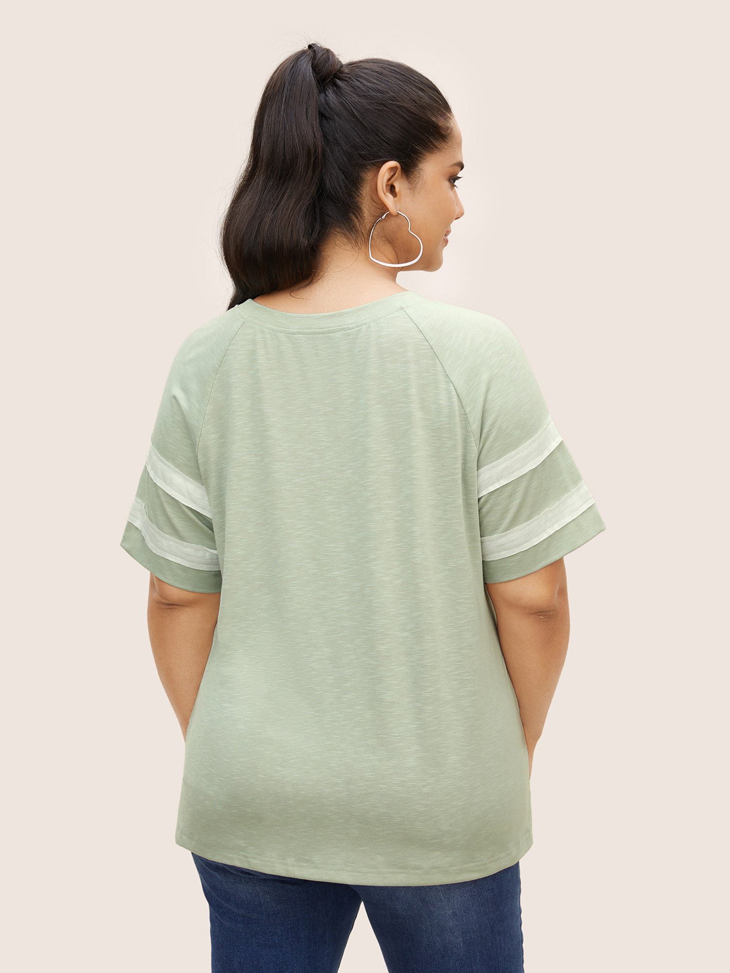 Plus Size Colorblock Contrast Patchwork Raglan Sleeve T-shirt Palemauve Women Casual Patchwork Round Neck Everyday T-shirts BloomChic 14-16/1X 