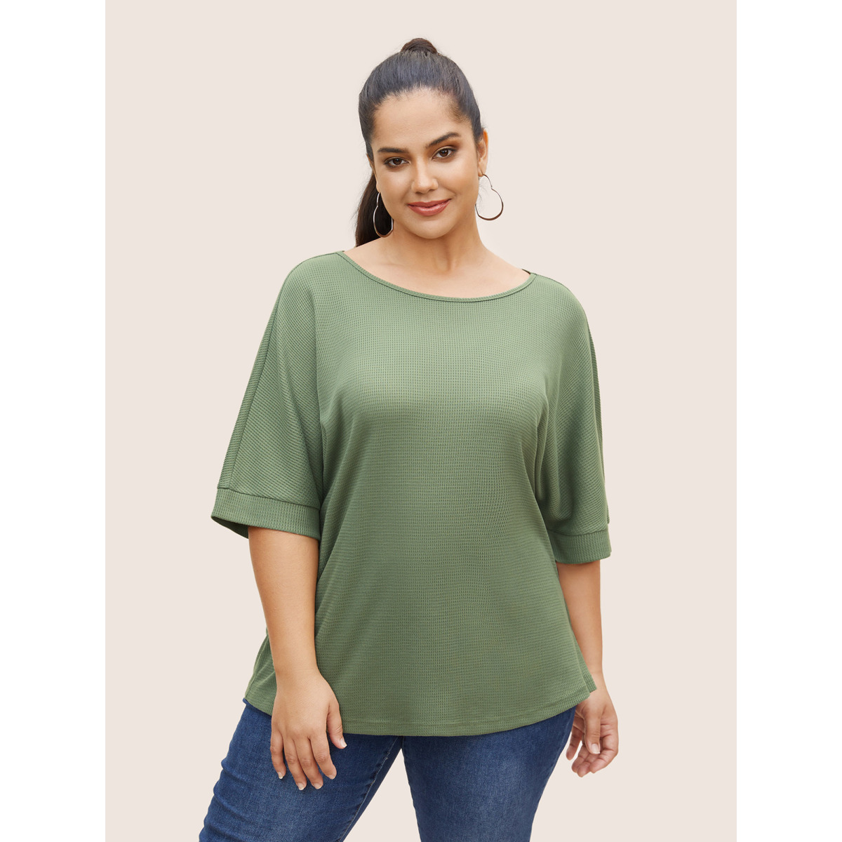 

Plus Size Waffle Knit Boat Neck Dolman Sleeve T-shirt Moss Women Casual Texture Boat Neck Everyday T-shirts BloomChic