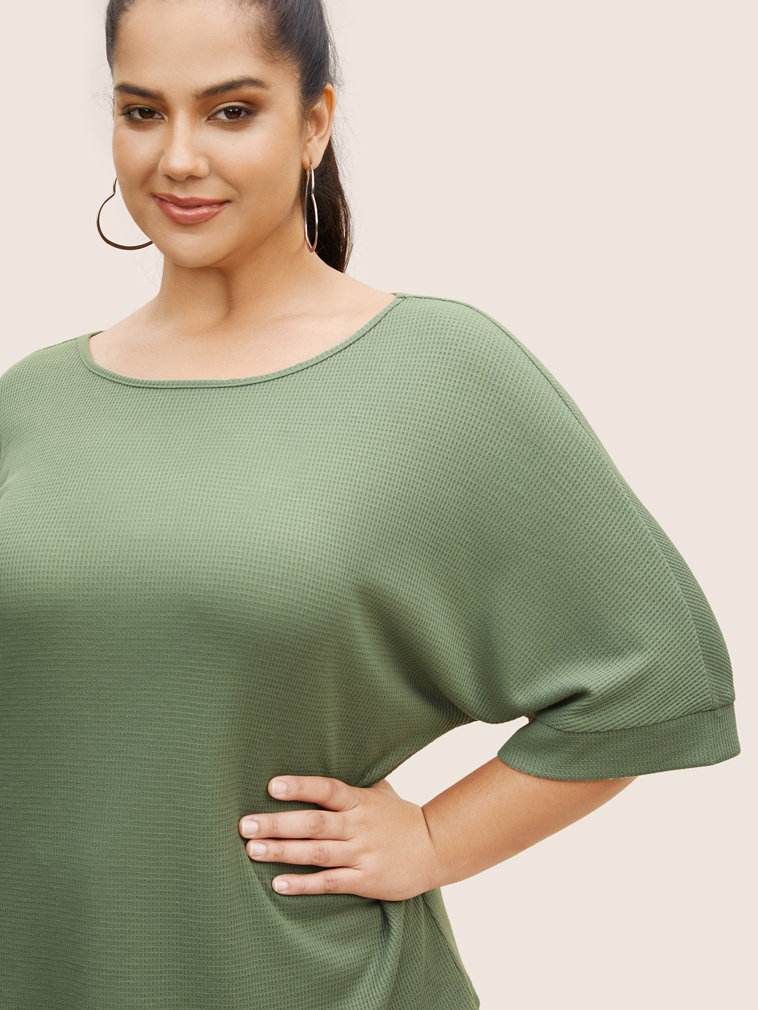 

Plus Size Waffle Knit Boat Neck Dolman Sleeve T-shirt Moss Women Casual Texture Boat Neck Everyday T-shirts BloomChic