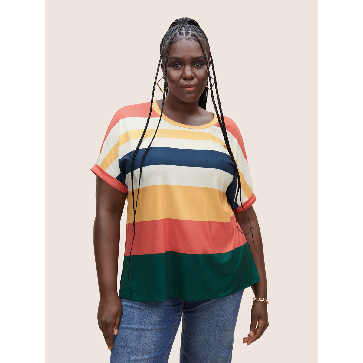 

Plus Size Striped Colorblock Contrast Dolman Sleeve T-shirt Multicolor Women Casual Contrast Round Neck Everyday T-shirts BloomChic