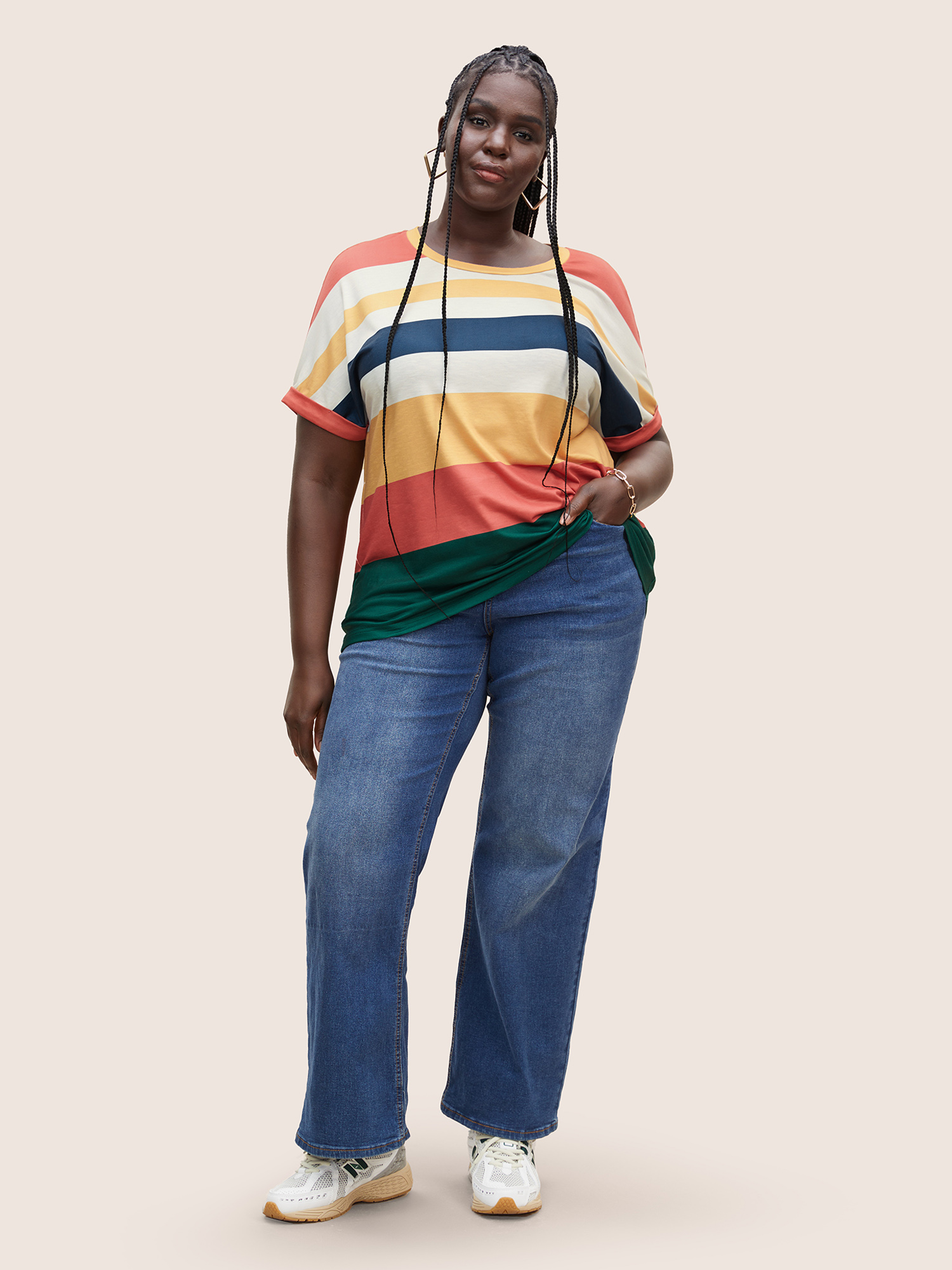Plus Size Striped Colorblock Contrast Dolman Sleeve T-shirt Multicolor Women Casual Contrast Round Neck Everyday T-shirts BloomChic 22-24/3X 