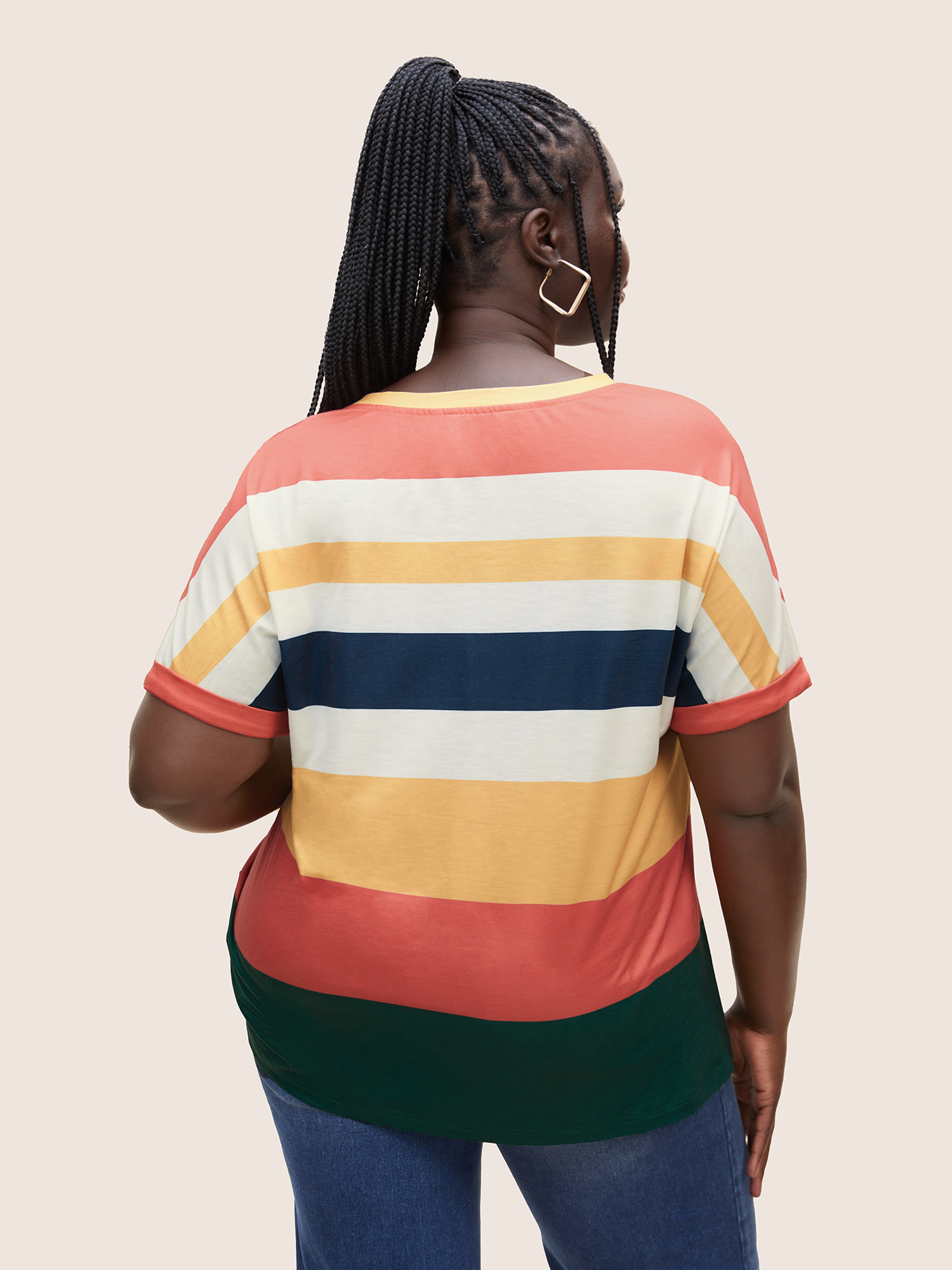 Plus Size Striped Colorblock Contrast Dolman Sleeve T-shirt Multicolor Women Casual Contrast Round Neck Everyday T-shirts BloomChic 22-24/3X 