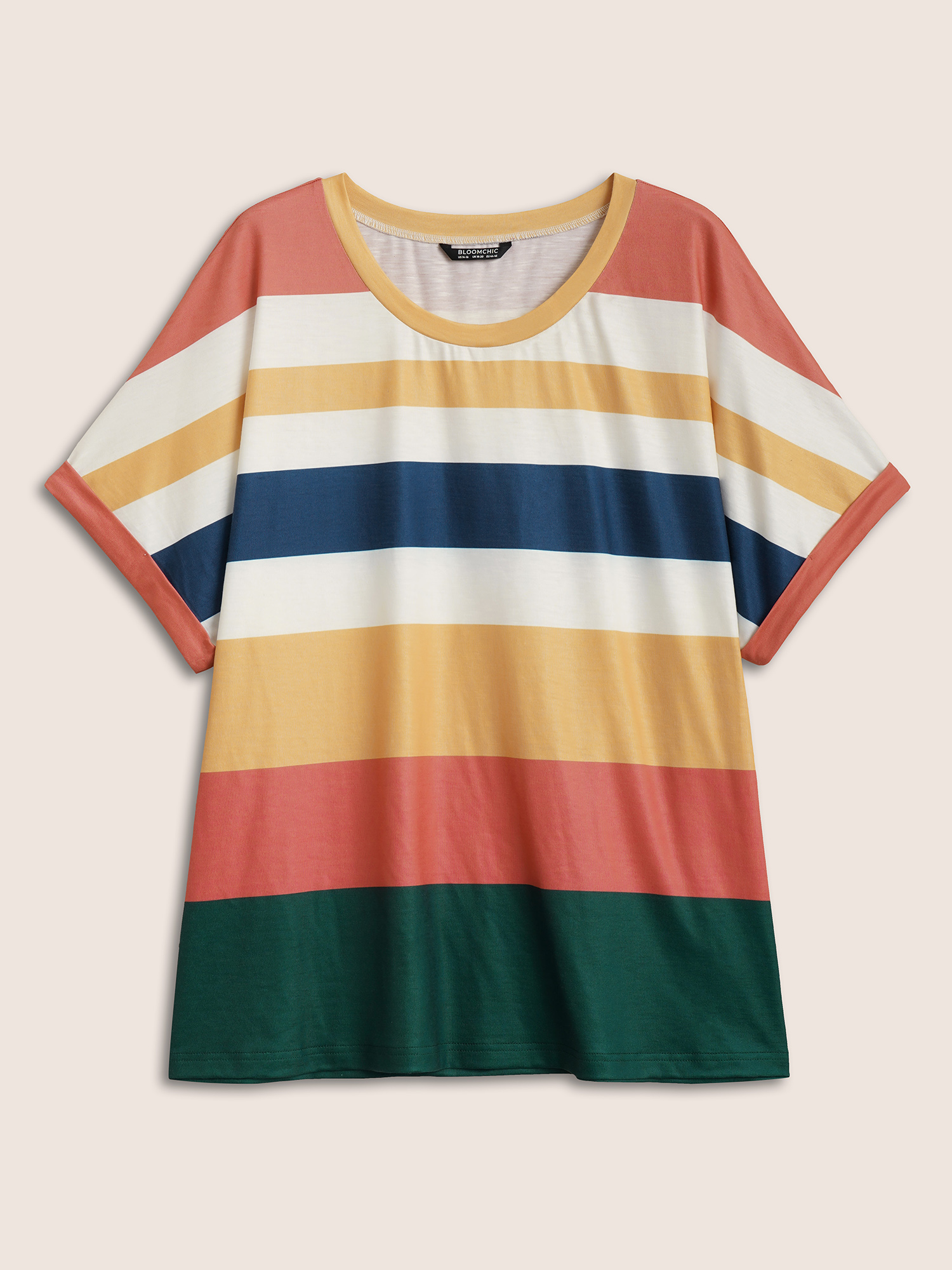 Plus Size Striped Colorblock Contrast Dolman Sleeve T-shirt Multicolor Women Casual Contrast Round Neck Everyday T-shirts BloomChic 22-24/3X 